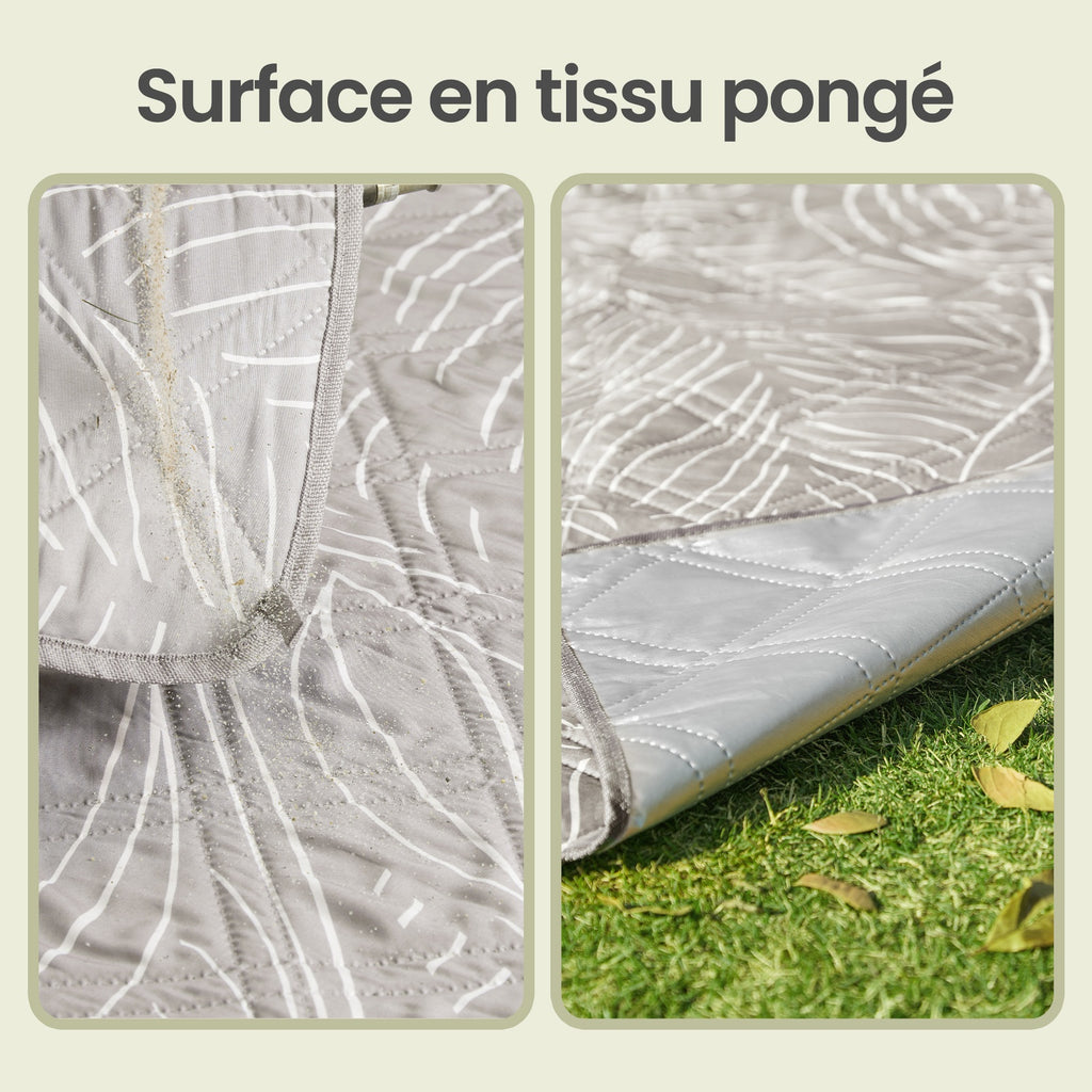 JOYFURNOS Couverture de Pique-nique, 200 x 200 cm, 4 Piquets de Sol, Hydrofuge, Lavable, Pliable, Motif Feuilles et Kaki