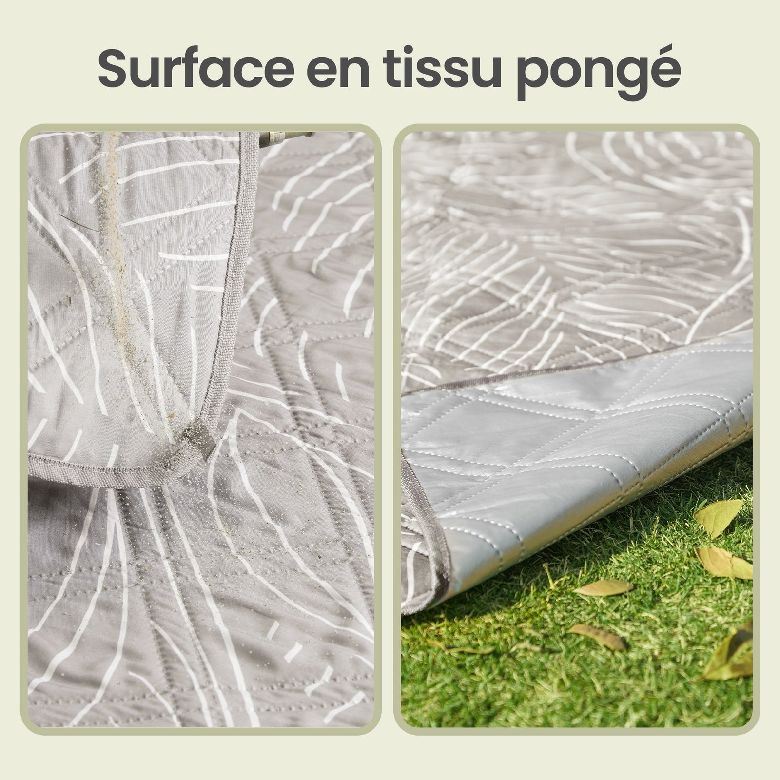 JOYFURNOS Couverture de Pique-nique, 200 x 200 cm, 4 Piquets de Sol, Hydrofuge, Lavable, Pliable, Motif Feuilles et Kaki