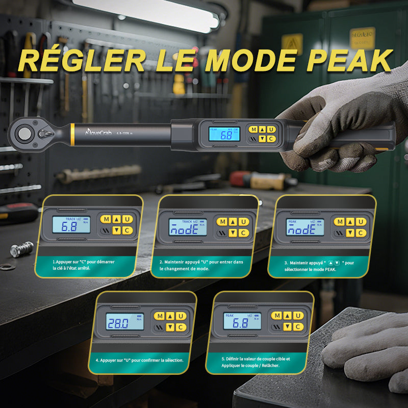 Clé dynamométrique numérique professionnelle Movecrab 1/2" 17-340 N.m Précision ±2% Affichage LED avec Nm/in.lb/ft.lb/kg.cm Alarme sonore