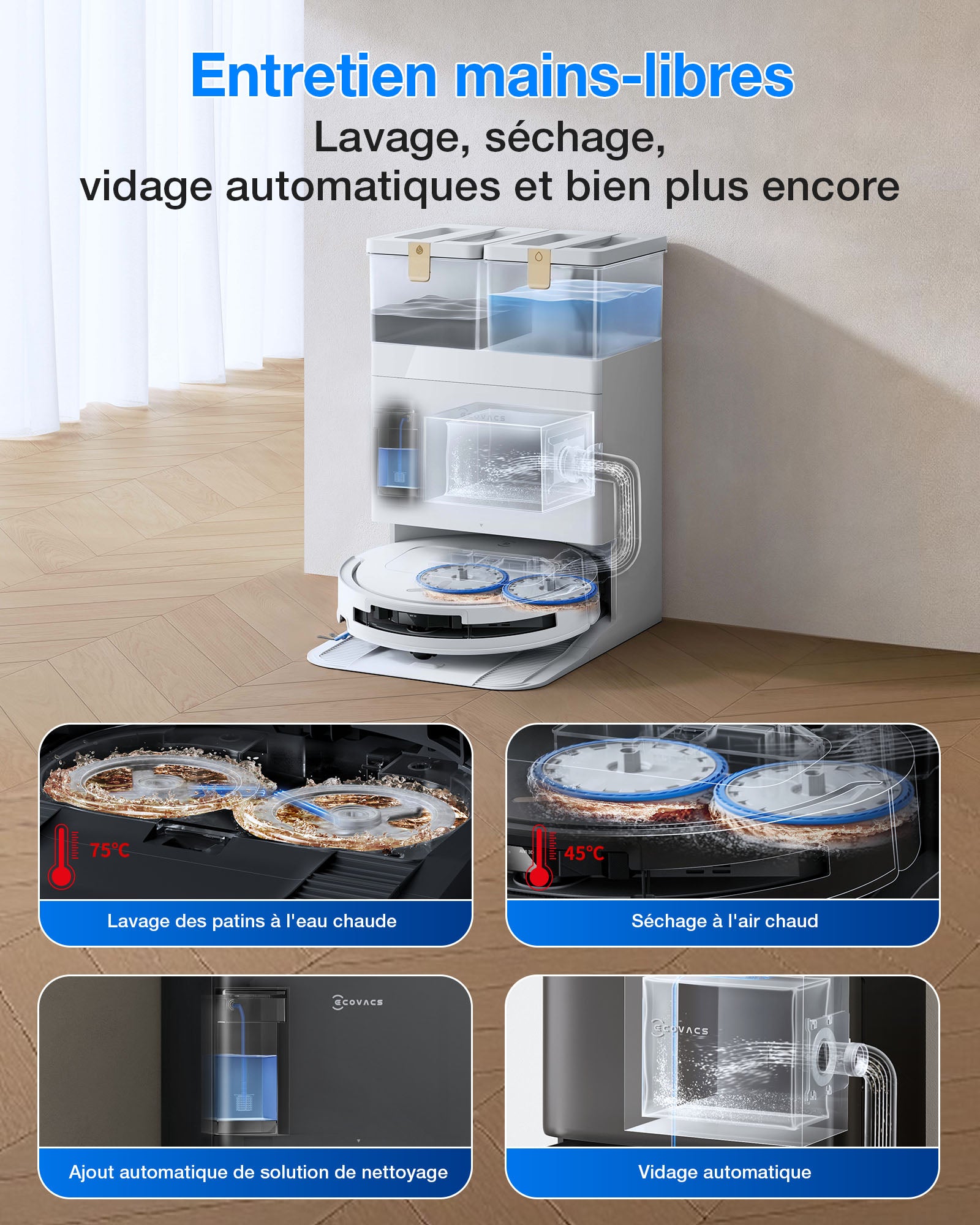 Robot aspirateur et laveur ECOVACS T50 Pro (Noir) avec station OMNI tout-en-un incluant le dosage du nettoyant, OZMO Turbo 2.0, jusqu'à 25 000 Pa de puissance d'aspiration
