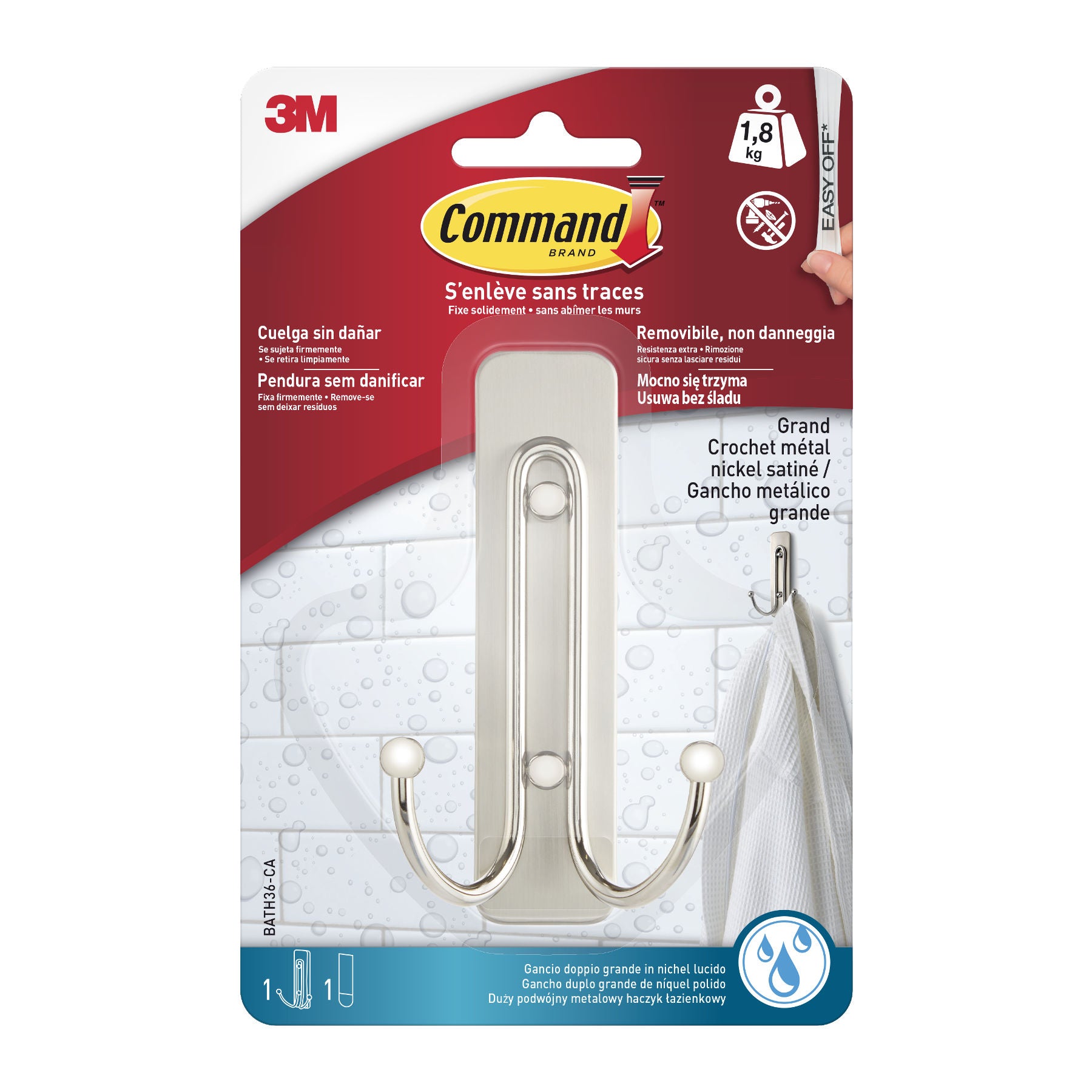Command™ Crochet double salle de bains Nickel Grand modèle