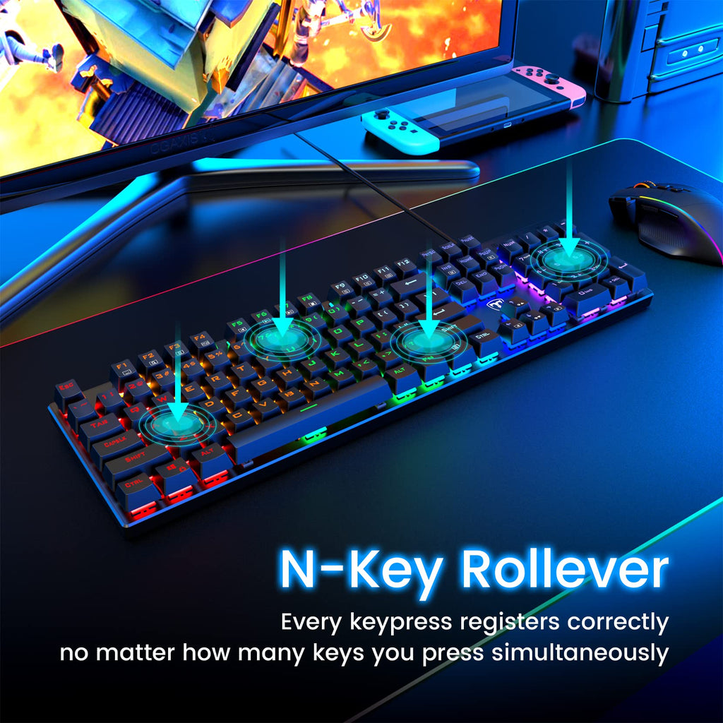 Clavier mécanique filaire 100 % ET, disposition QWERTY US, clavier filaire USB ultra-fin à rétroéclairage LED à 104 touches avec switch bleu