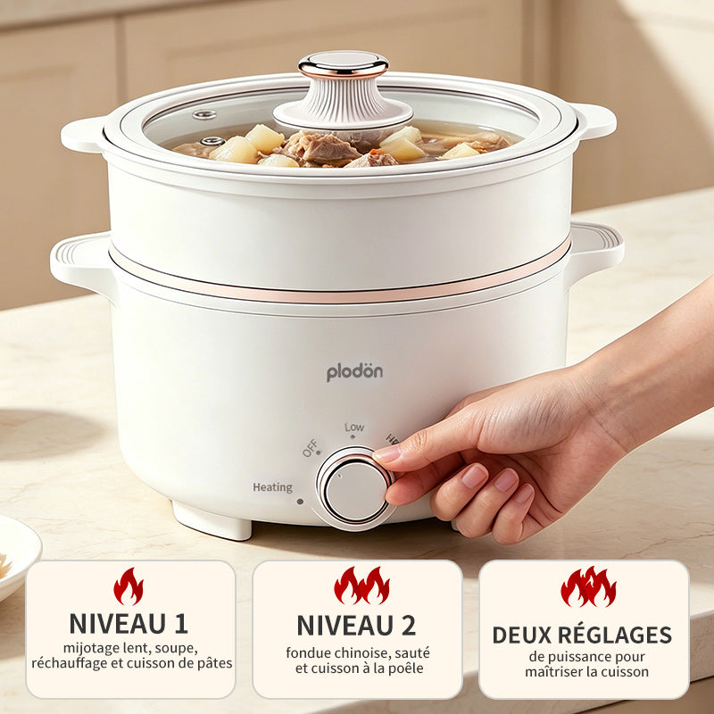 Plodon Marmite électrique multifonction antiadhésive 1 000 W, 2,4 L, avec cuiseur vapeur, fondue et double contrôle de puissance pour nouilles, pâtes, œufs, soupes