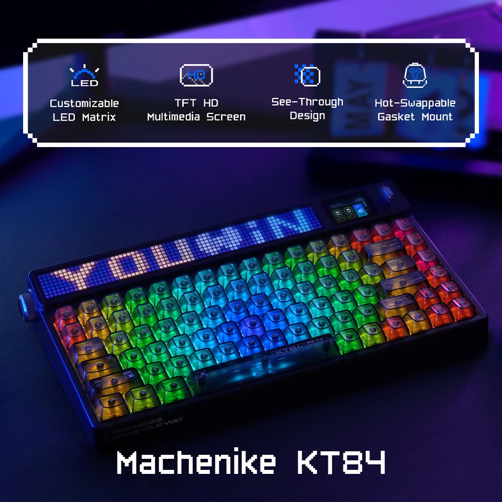 Machenike KT84-B84W clavier mécanique 75 % triple mode, disposition QWERTY US, Noir, interrupteur jaune Gateron Smart Screen