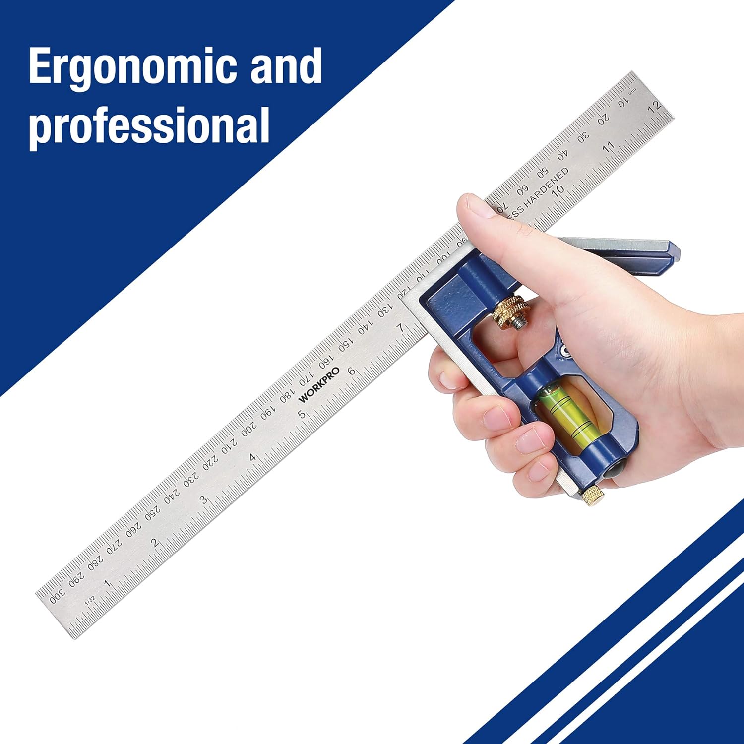 WORKPRO Équerre combinée 12in/300 mm, construction en acier inoxydable et zinc, 32 cm, bleu transparent, graduation 0-300 mm, outil de mesure pour ingénieurs et menuisiers
