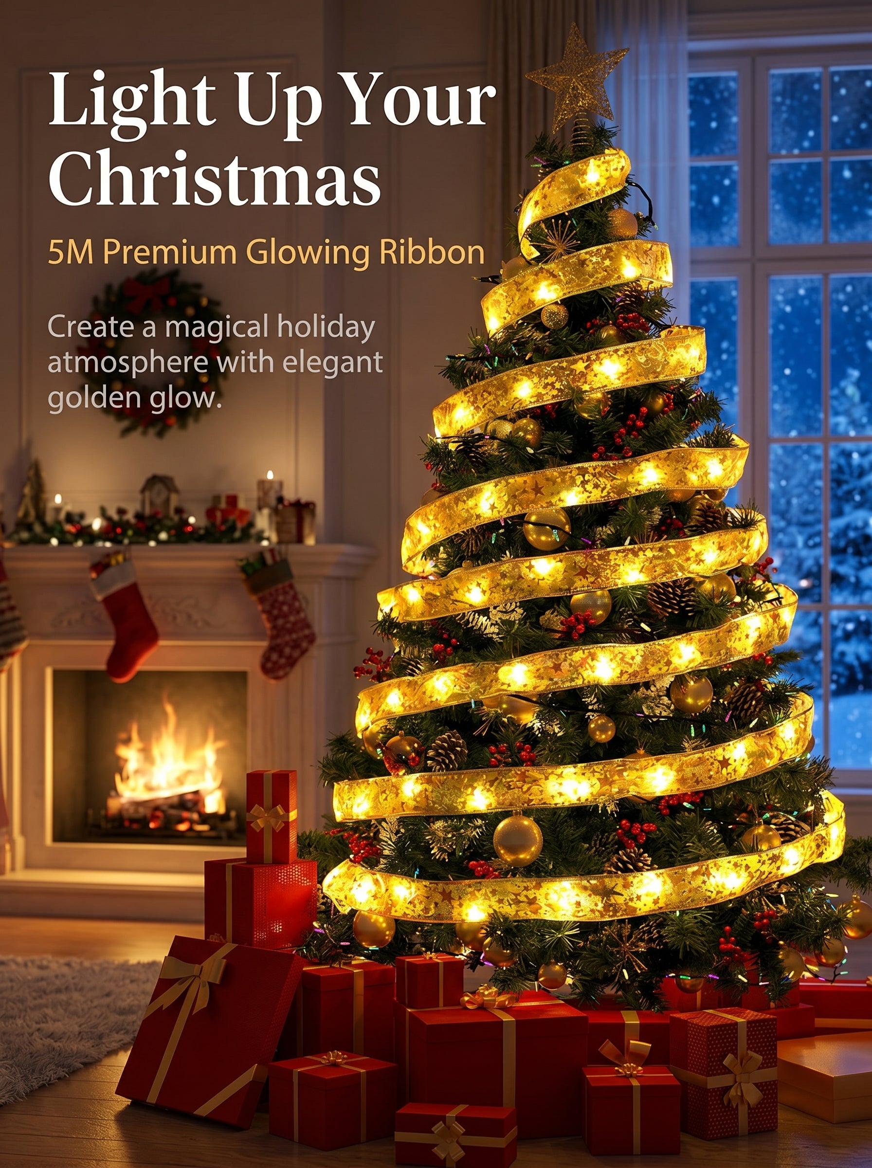 Ju7cer Guirlande lumineuse à rubans 5 m, 50 lumières, 2 paquets de piles , décoration de sapin de Noël, jaune chaud, atmosphère festive, convient pour l'intérieur et l'extérieur
