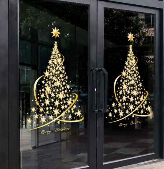 Ju7cer Lot de 2 autocollants de sapin de Noël - Grand sapin de Noël doré - Peut être utilisé pour décorer les murs, les fenêtres et les vitrines - Autocollants pour fenêtres