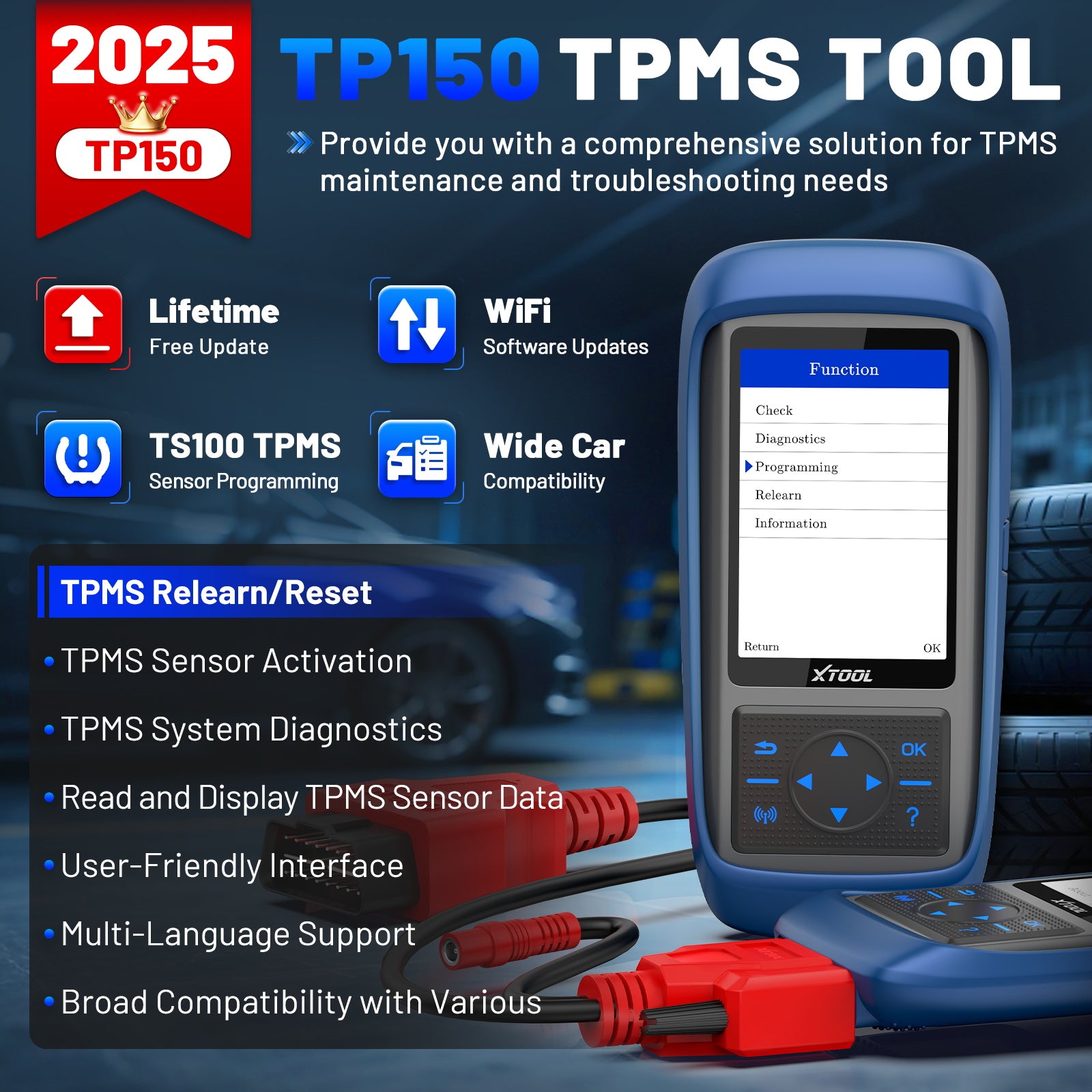 XTOOL TP150 Outil de programmation TPMS, de réapprentissage/réinitialisation/activation TPMS (315/433 MHz), programmateur de capteur de pression des pneus