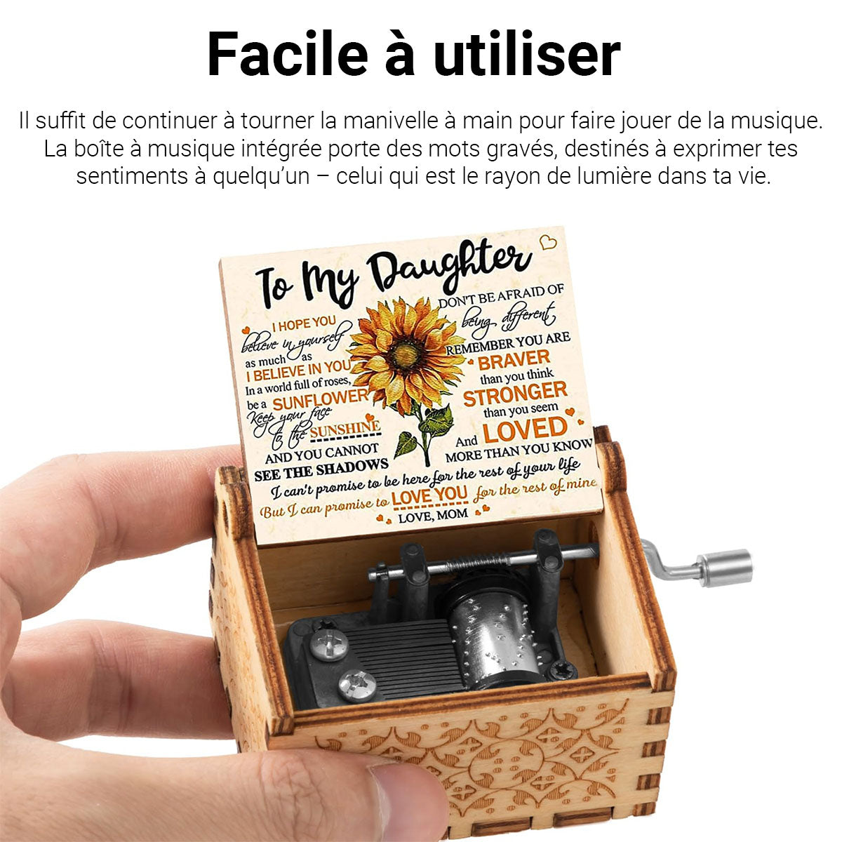 Alphynix 1 pièce Boîte à musique d'encouragement pour fille, Citation « Sois un tournesol » et messages motivants, Cadeau en bois à manivelle de la part de sa mère