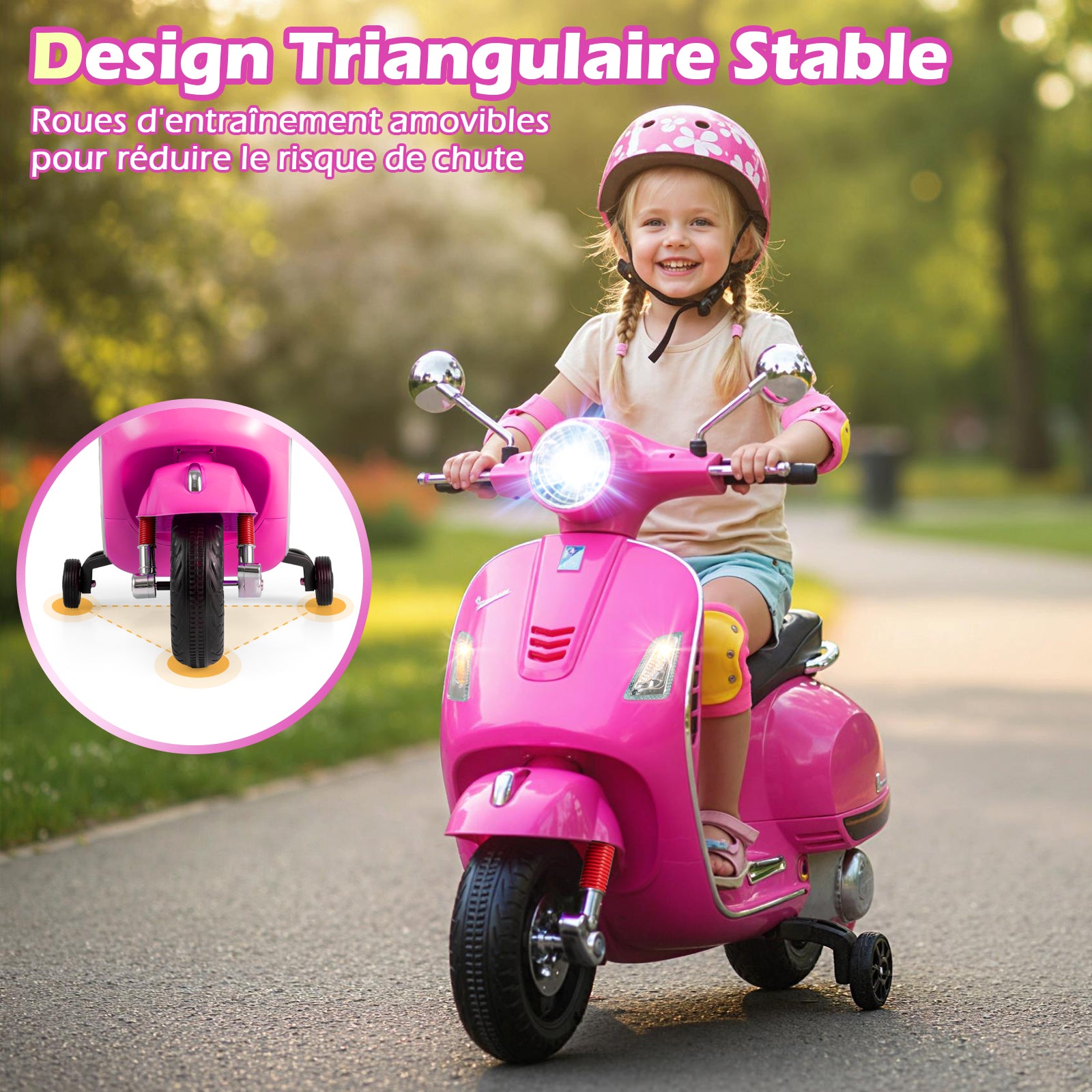 Costway Scooter électrique pour enfants Vespa sous licence 12 V, Scooter motorisé 4 roues avec musique, klaxon, histoires et roues stabilisatrices, 3-6 ans, Rose
