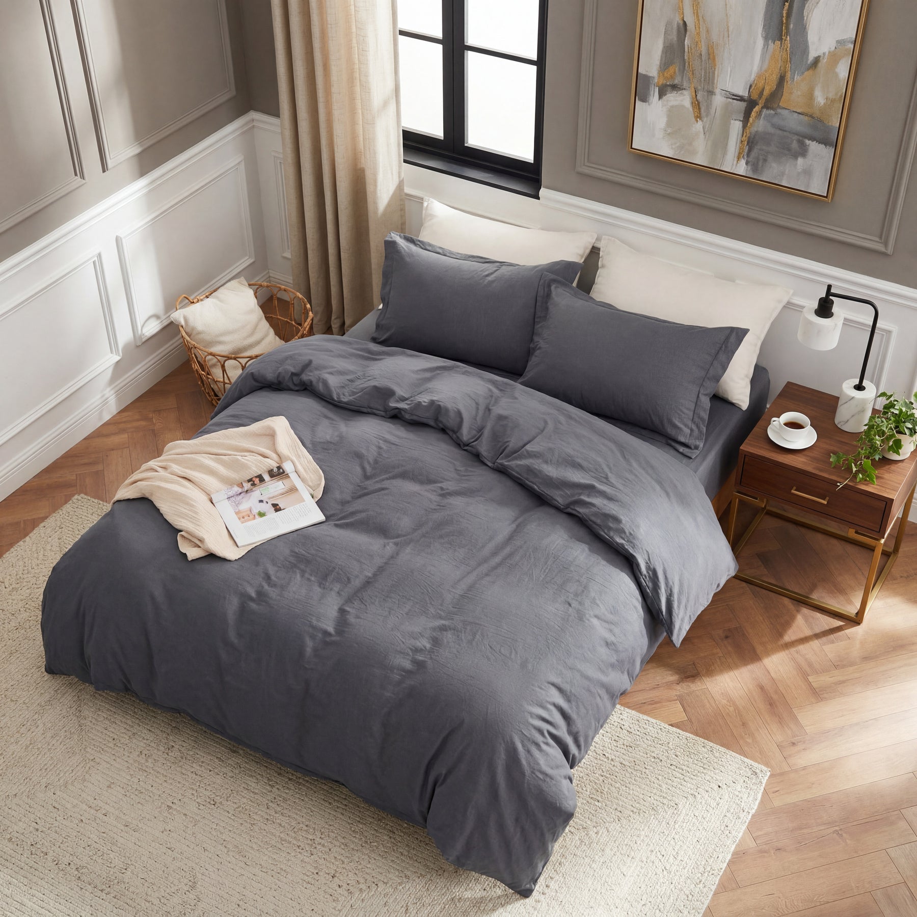 Linge de lit 135 x 200 cm, 4 pièces, anthracite, doux, certifié OEKO-TEX, 90 % polyester, microfibre, ensemble de linge de lit