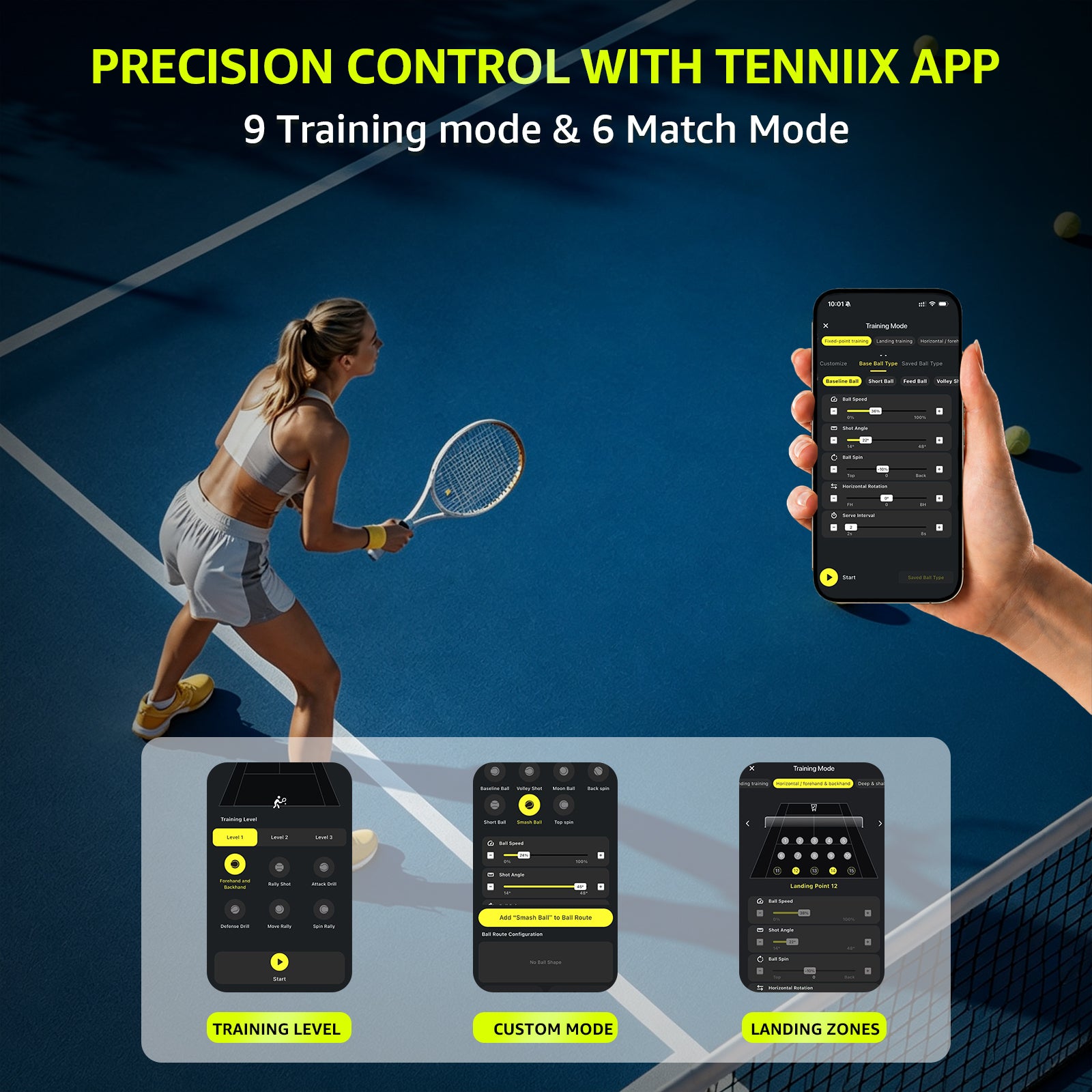 TENNIIX Robot de tennis IA basique, Noir de jais, 100+ modes de service, Contrôle vocal et par application, Écran LED, Moteur QDD, Plus de 1000 modes d'entraînement personnalisés