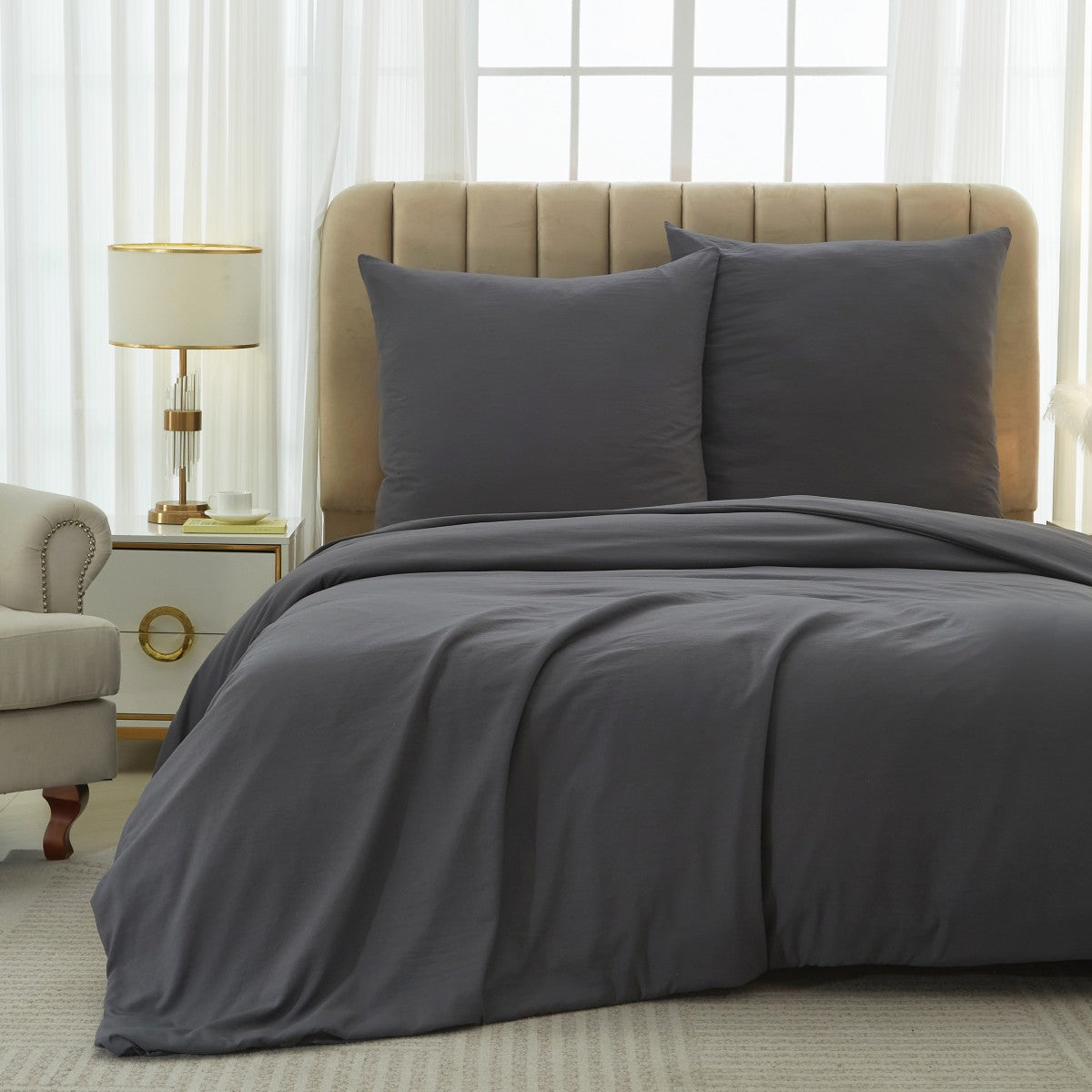 Meeallhome Parure de housse de couette lavée brossée, 155 x 220 cm/80 x 80 cm x 2, Gris foncé