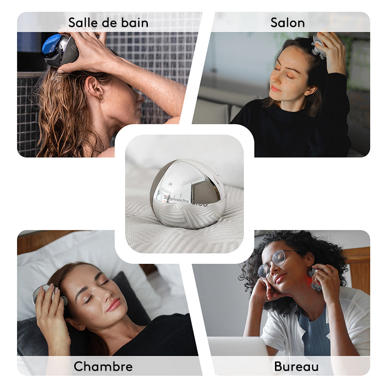 Breo Scalp Mini Masseur de cuir chevelu portable IPX7 étanche et rechargeable, avec base de charge en bambou et nodules de massage amovibles - Argent