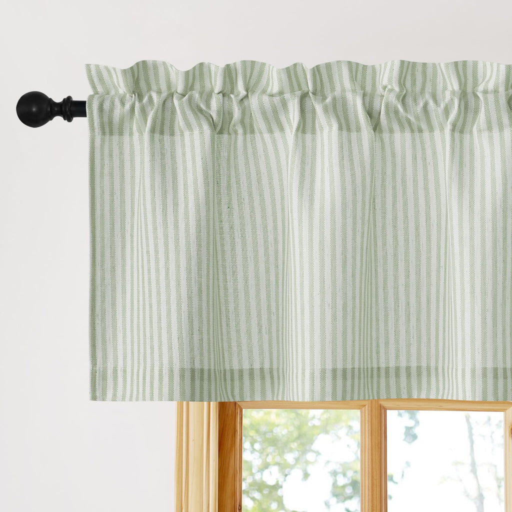 PONY DANCE Cantonnières Rayées Blanc et Vert Sauge Style Maison de Campagne Décoration de Fenêtre avec Passe-Tringle pour Cuisine/Salon, 1 Panneau, L90 x H45 cm
