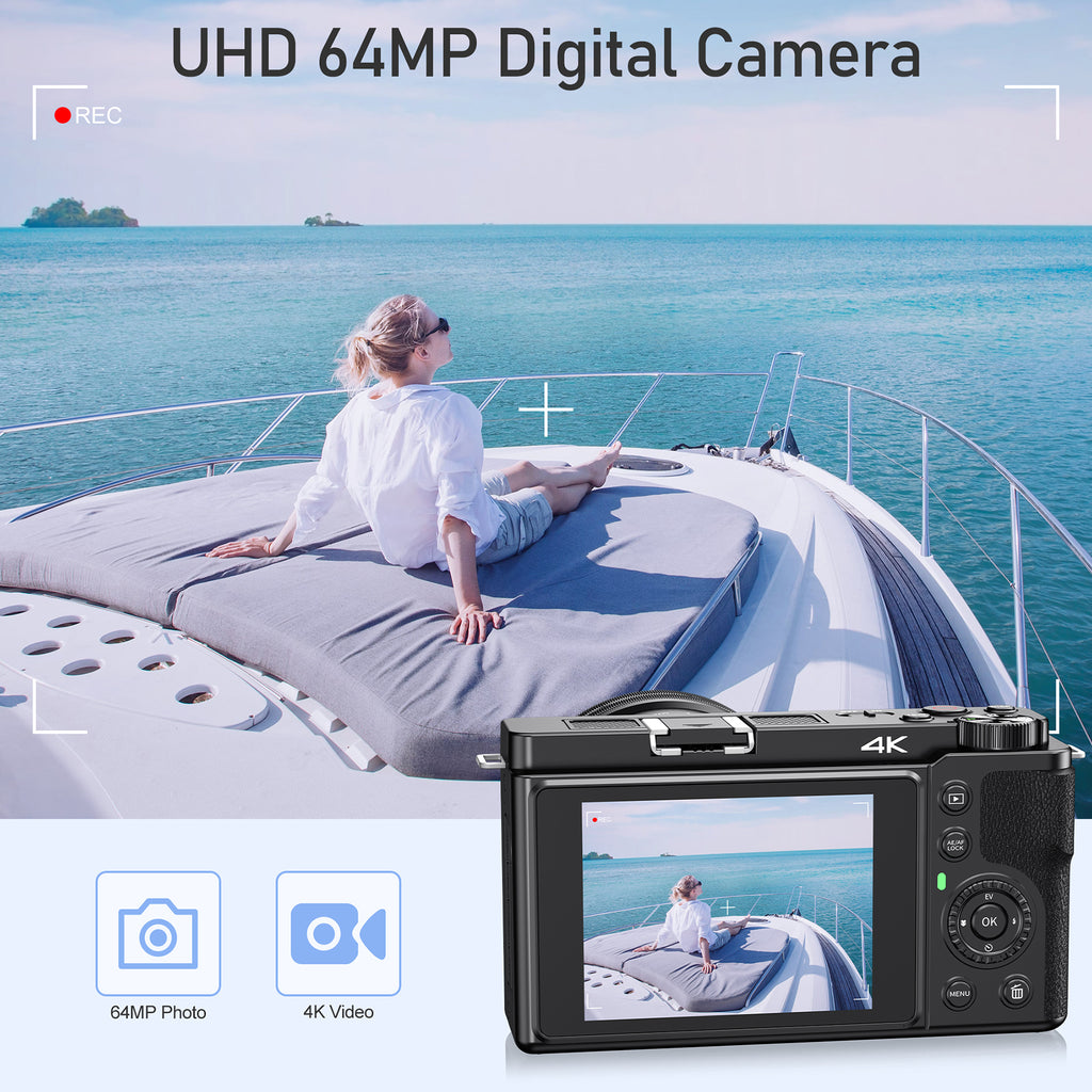 KOMERY W6 Appareil photo numérique 4K pour la photographie et le vlogging, avec WiFi, zoom optique 12x, 64 MP
