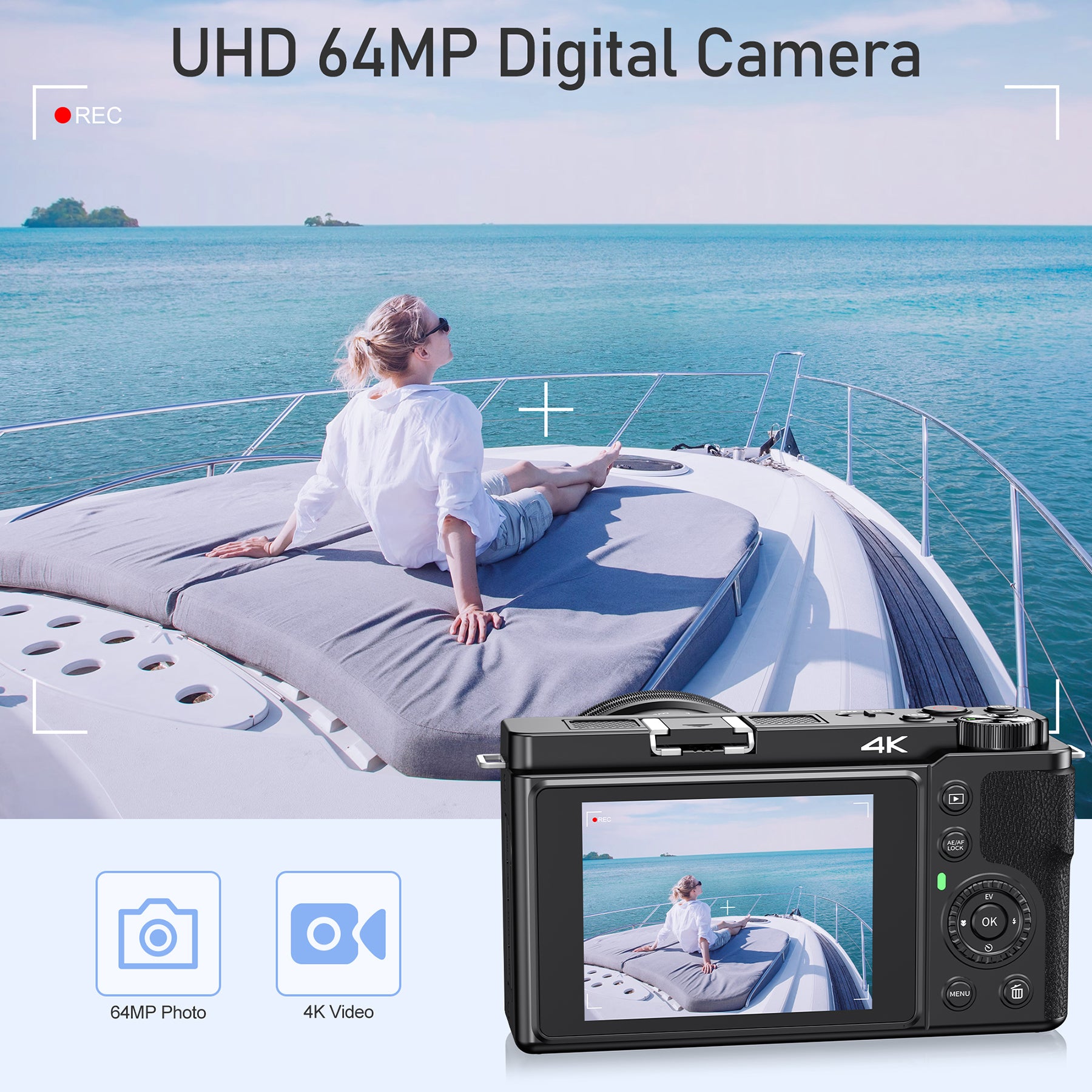 KOMERY W6 Appareil photo numérique 4K pour la photographie et le vlogging, avec WiFi, zoom optique 12x, 64 MP
