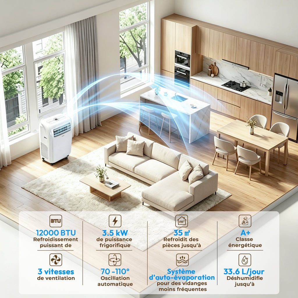 Candy 12000 BTU Climatiseur Mobile, Unité de Climatisation Intelligente 4 en 1, Refroidissement et Chauffage Rapides pour Pièces jusqu'à 35 ㎡, 3 Vitesses, Minuterie 24 H
