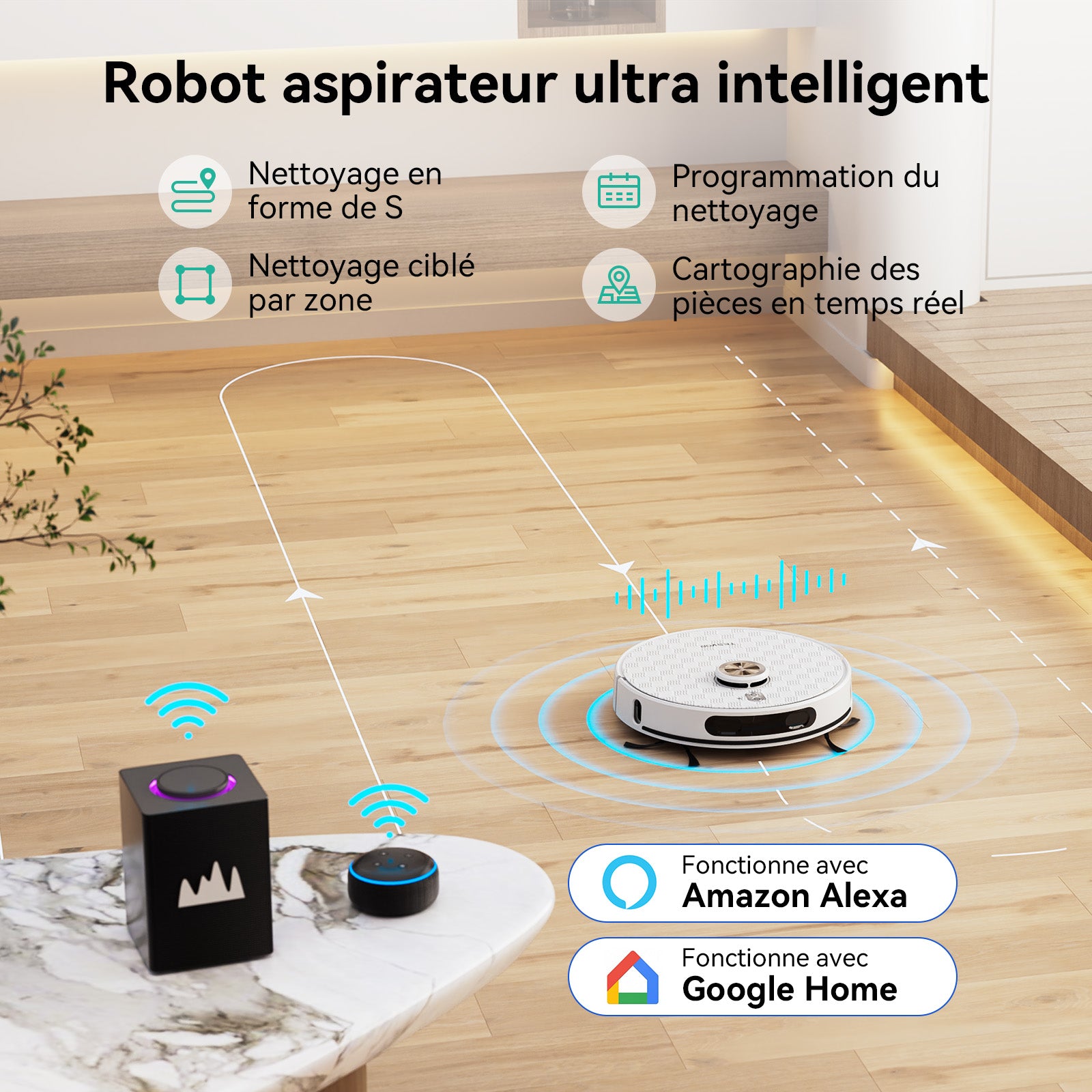 Aspirateur robot Tesvor S8Pro avec fonction de nettoyage - Robot aspirateur 8000 Pa 3-en-1 aspirateur robot + navigation LiDAR + 240 min d'autonomie, contrôle par application/Alexa