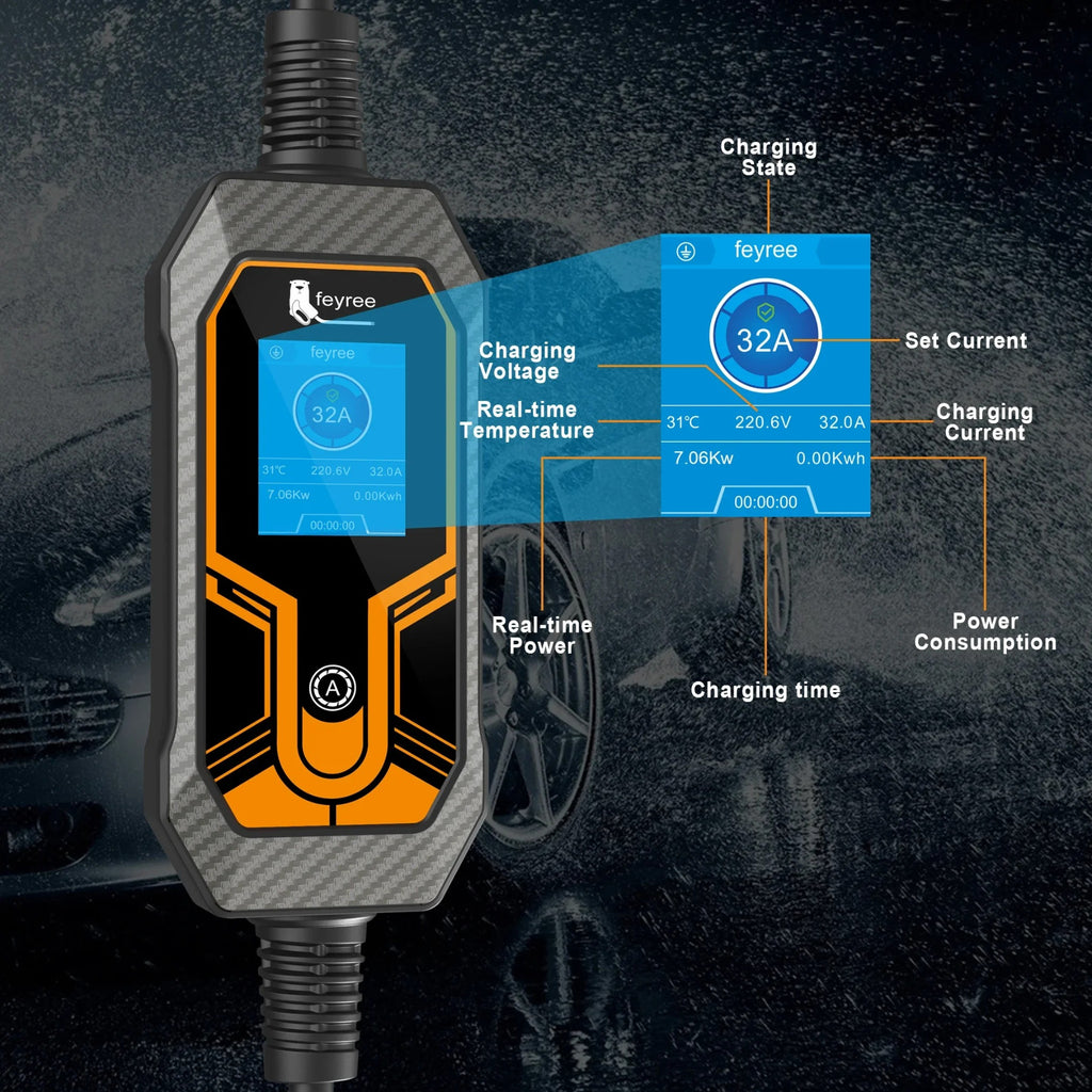 feyree Station de charge portable EVSE 7 kW (type 2, 1 phase, 32 A, câble 5 m, prise mâle CEE) pour voiture électrique