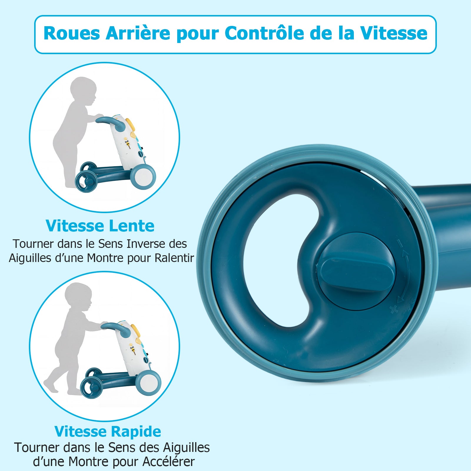 Poussette d'apprentissage pour bébé avec musique et lumières, aide à la marche, jouet de tri de formes et engrenages rotatifs, bleu
