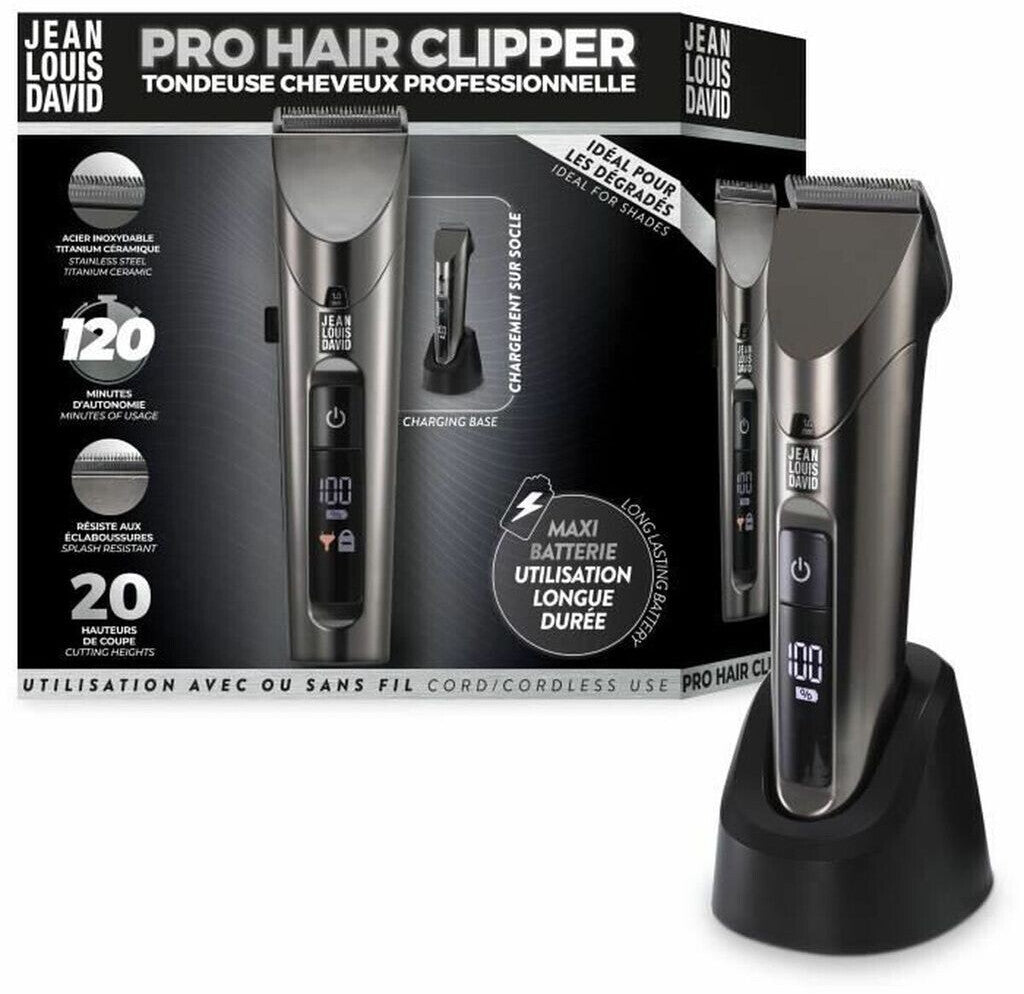 JEAN LOUIS DAVID - Pro Hair Clipper - Tondeuse à cheveux - 20 hauteurs de coupe - Batterie Lithium-Ion - Autonomie de 2 heures - Gris