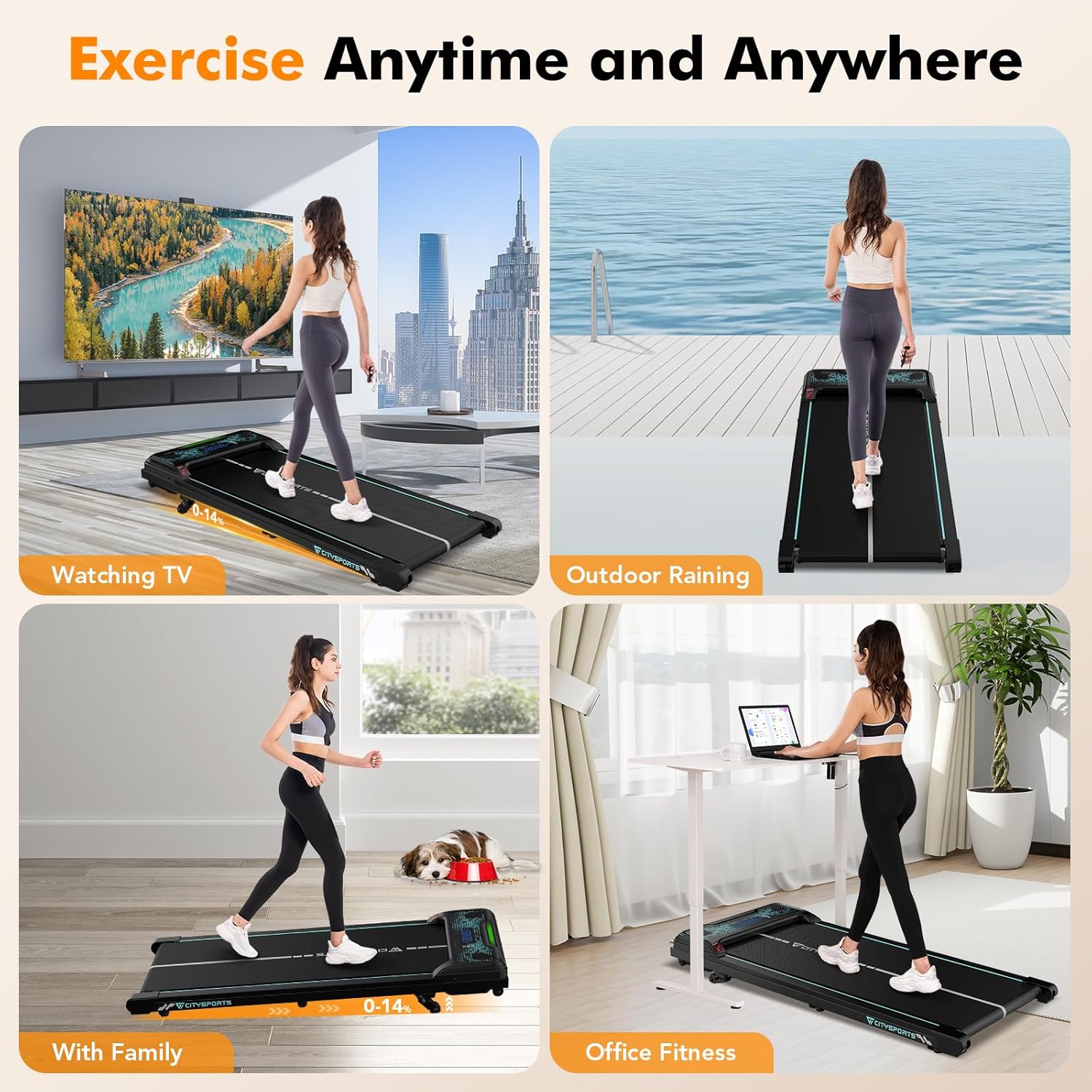 CITYSPORTS PRO Tapis de marche 0 à 14 % d'inclinaison et 1 à 6 km/h