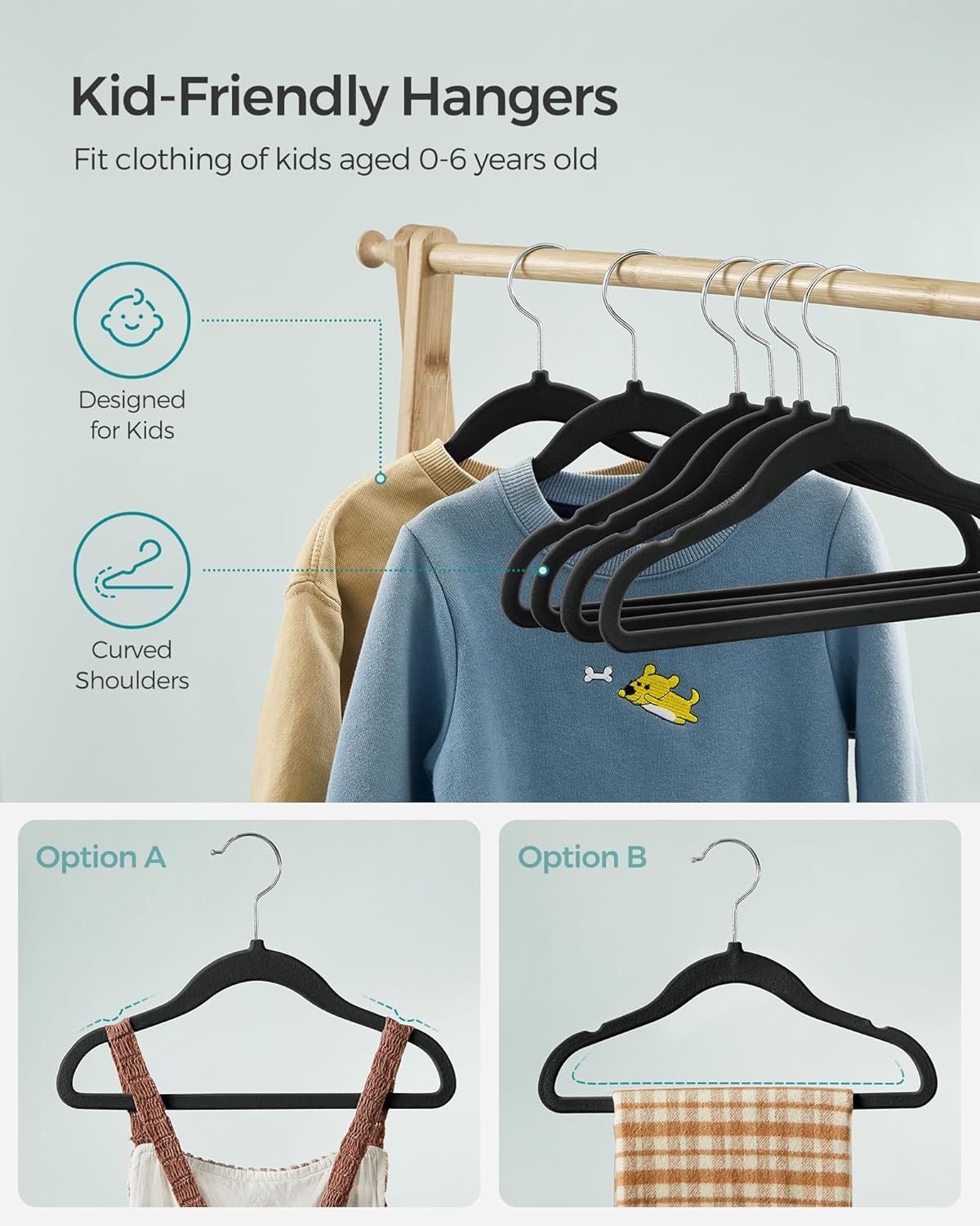 ANQI Cintres à vêtements en velours antidérapants pour enfants, nourrisson et tout-petit, 11,6 po (pour vêtements de bébé), lot de 50, Noir