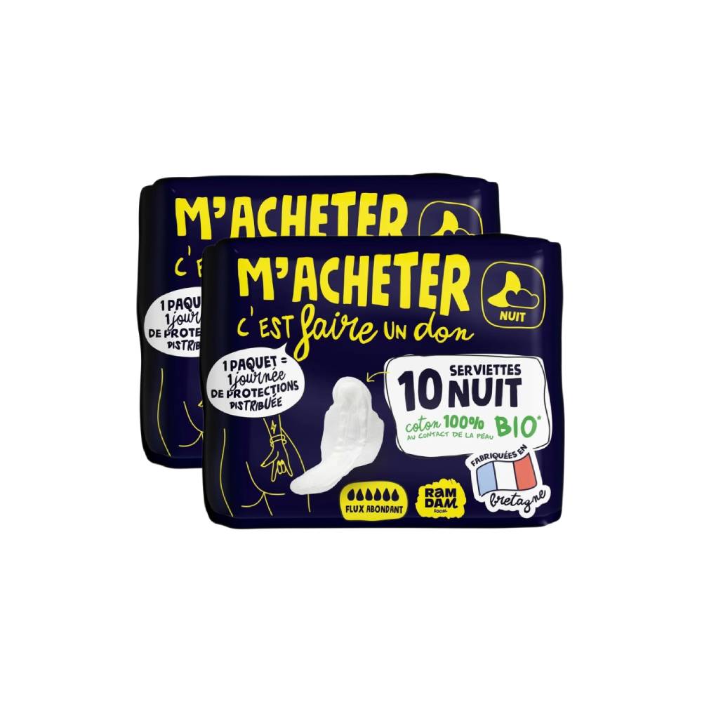 RAMDAM Serviettes Hygiéniques de Nuit avec Ailettes Flux Abondant Coton 100 % Biologique - 20 Unités (2 Paquets de 10)