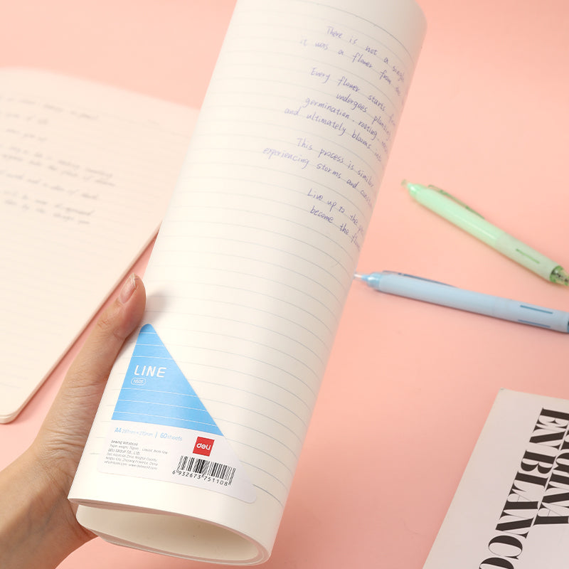 Deli Cahier à spirale A4 avec couverture en polypropylène : 60 pages de papier 70 g/m², réglure 8 lignes - Parfait pour l’école et le travail, lot de 4