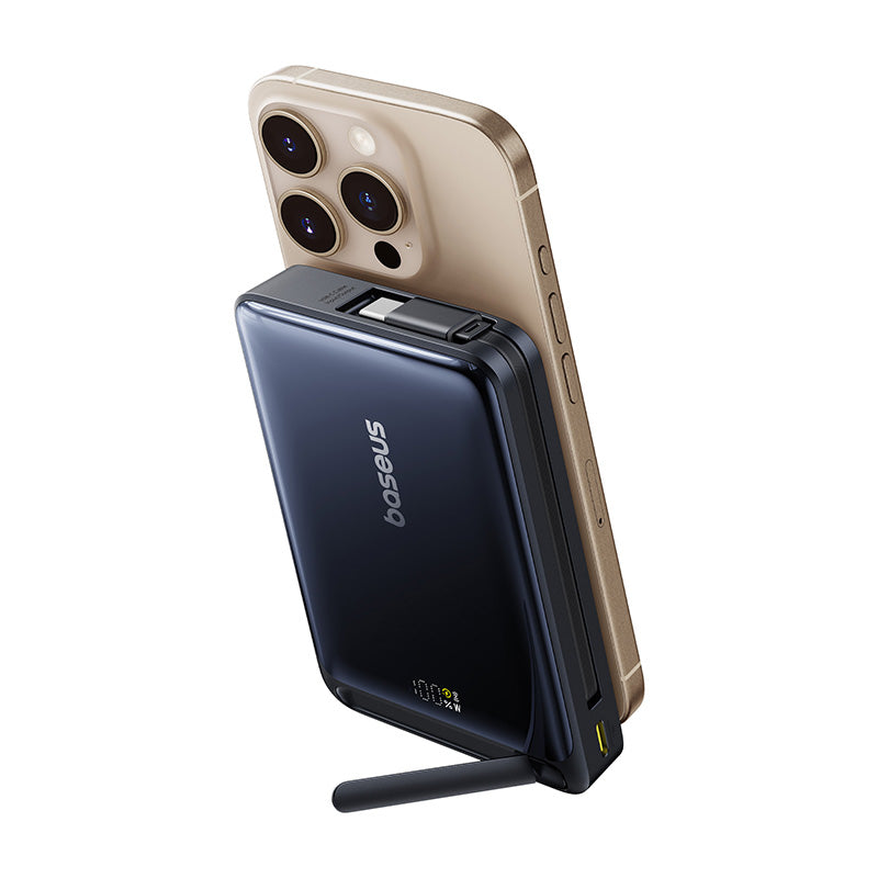 Baseus Nomos Qi2 Batterie portable avec support magnétique filaire USB-C intégré 10000 mAh 45 W - Noir interstellaire