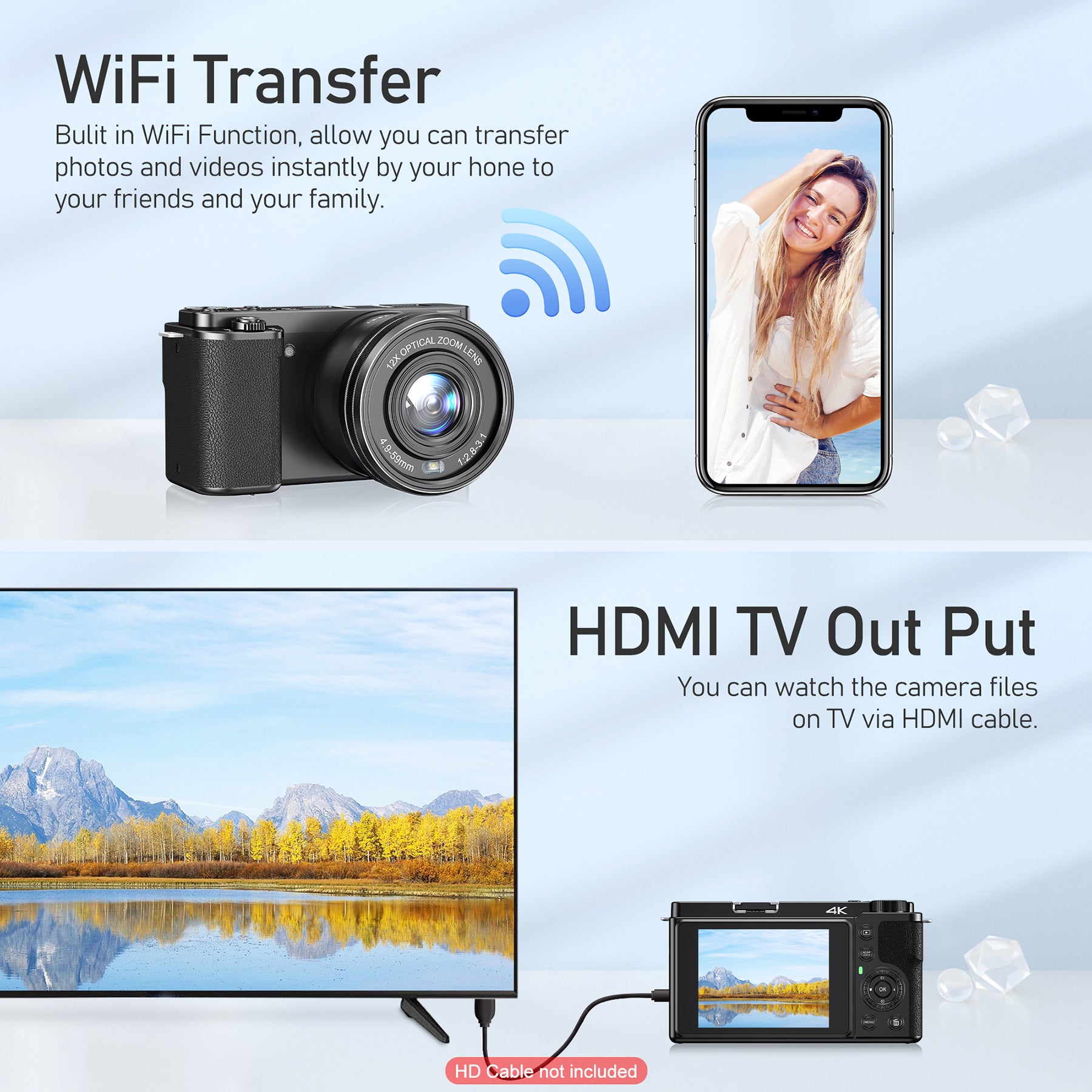 KOMERY W6 Appareil photo numérique 4K pour la photographie et le vlogging, avec WiFi, zoom optique 12x, 64 MP