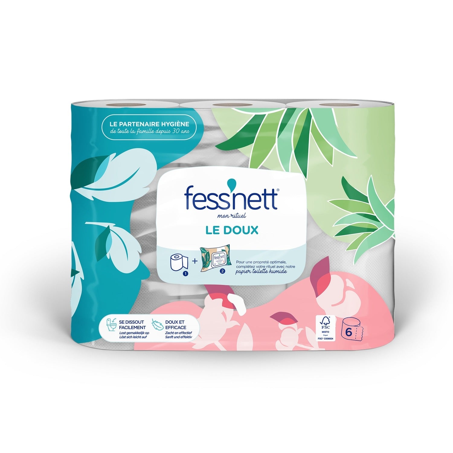 FESS'NET Soft Papier Toilette 2 Épaisseurs Formule Sèche, 6 Rouleaux