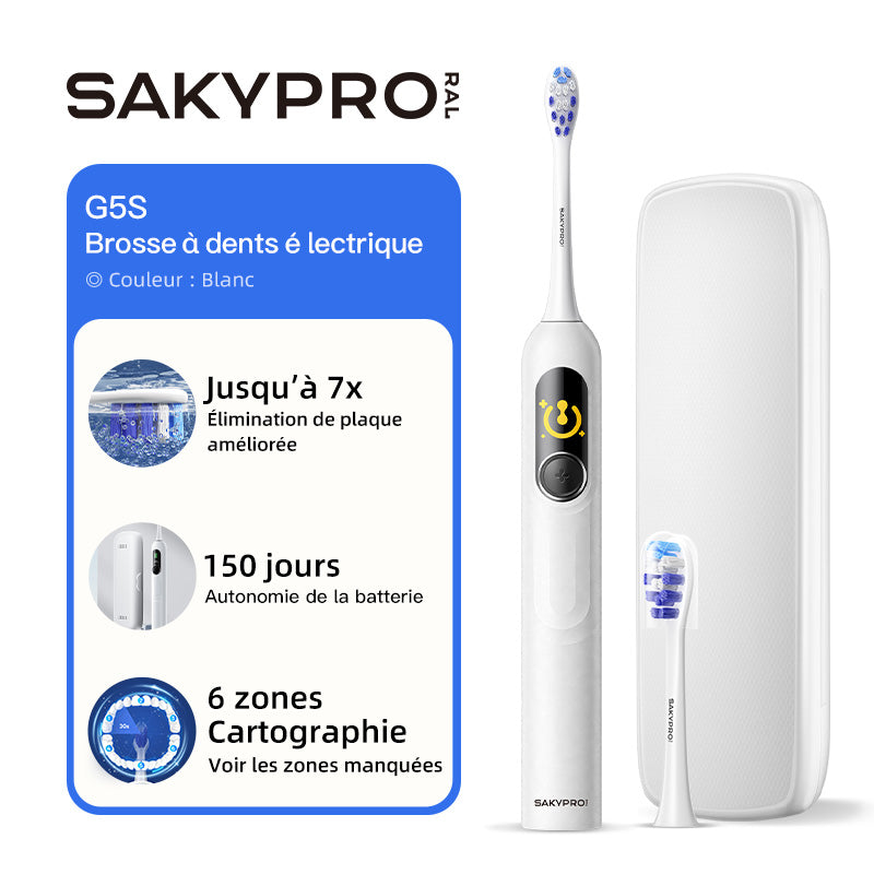 saky Pro Brosse à dents électrique sonique familiale G5S Blanc avec écran intelligent IA pour adultes et enfants | Autonomie 150 jours, carte de brossage en temps réel | Mode blanchiment, minuterie 3 min, étui de voyage