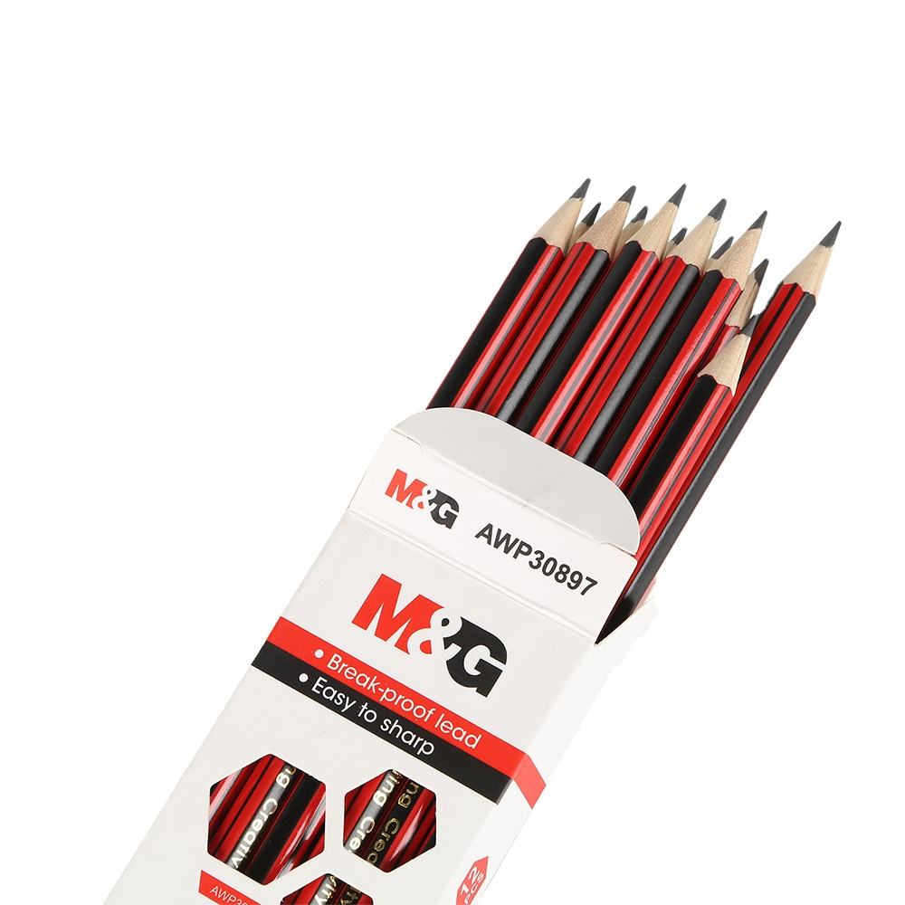 M&G Lot de 12 crayons graphite HB en bois - Rayures rouges et noires