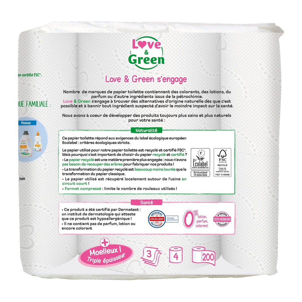 LOVE & GREEN Papier Toilette Recyclé Hypoallergénique et écologique – Triple épaisseur - 4 rouleaux compressés