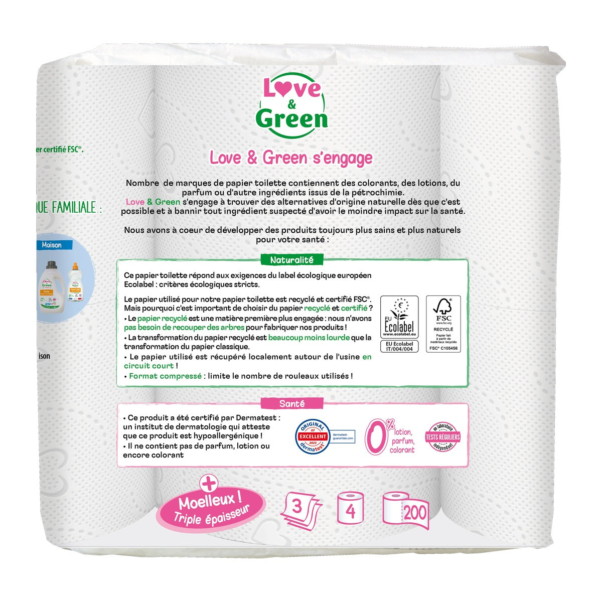 LOVE & GREEN Papier Toilette Recyclé Hypoallergénique et écologique – Triple épaisseur - 4 rouleaux compressés