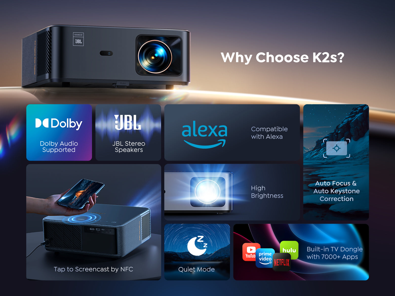 YABER K2s Projecteur 4K avec Google TV, Wi-Fi 6 & Bluetooth, Son par JBL, Dolby Audio, Autofocus & Keystone, 1080p natif compatible 4K, Film en plein air, Netflix 7000+ applications