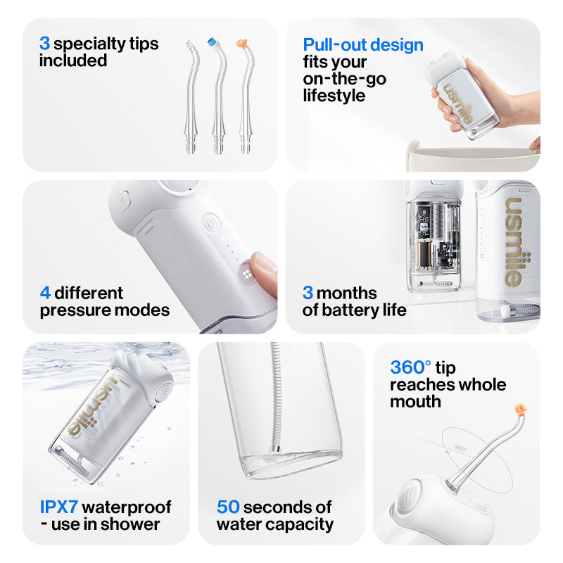 Usmile C10 Hydropulseur portable, autonomie 95 jours, 4 modes, buse 360°, réservoir 180 ml, IPX7, recommandé pour appareils orthodontiques, dents sensibles et implants
