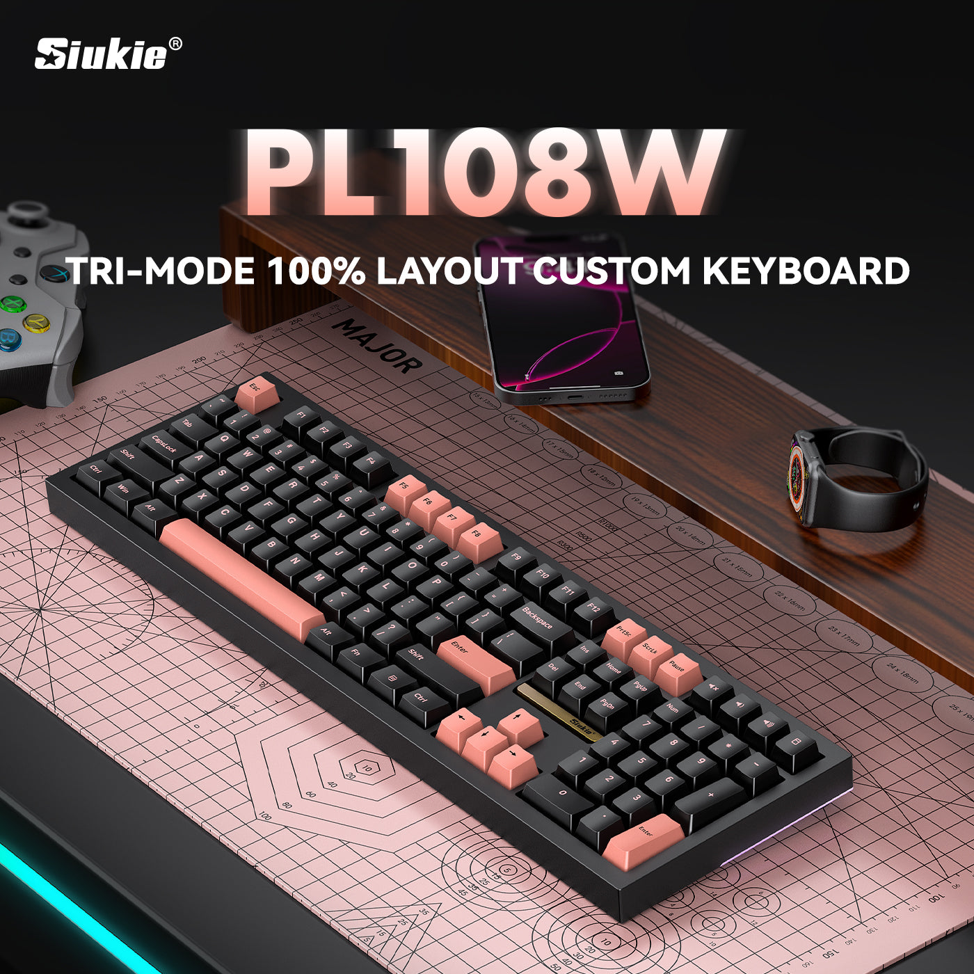 Siukie PL108W Clavier mécanique RVB 108 touches, commutateurs amovibles, 3 modes, noir
