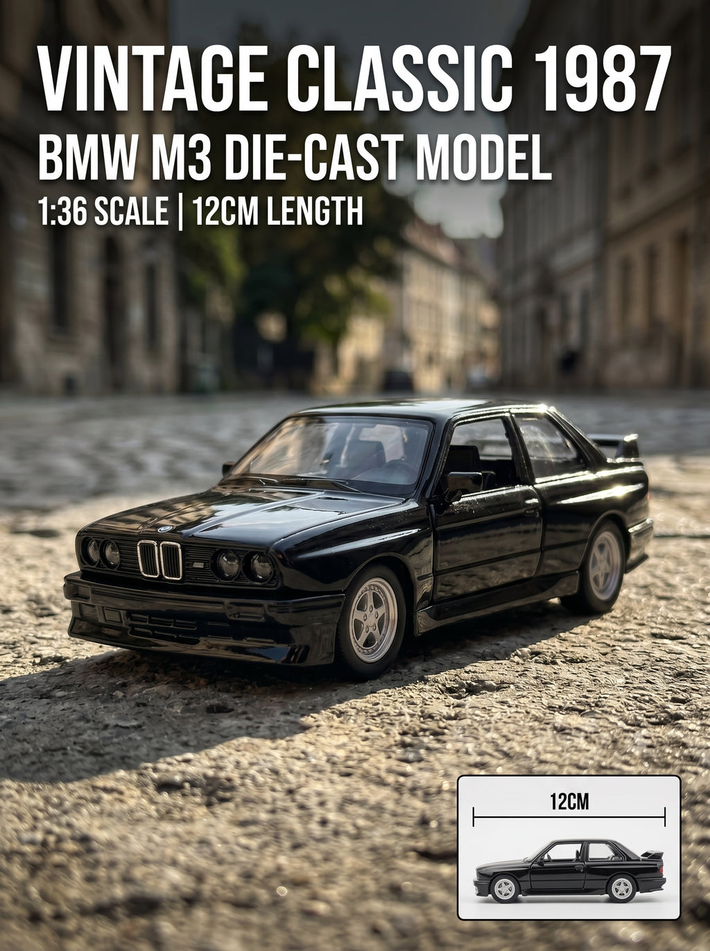 Voiture Miniature Échelle 1:36 BMW M3 (1987) - Noir, Métal Serti, Portes Ouvertes, Action à Recul, Cadeau d'Anniversaire