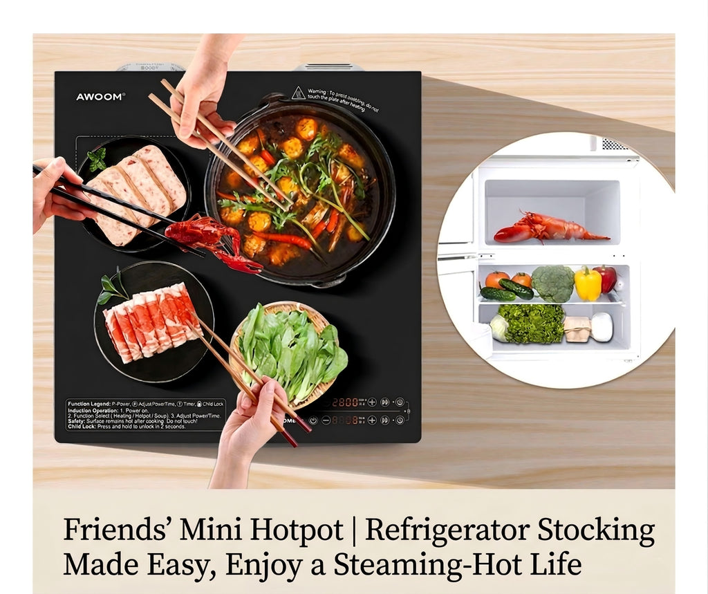 AWOOM Mini cuisine 4-en-1 550*587*900 mm, four à micro-ondes multifonction, cuisinière à induction et réfrigérateur, 220 V/2000 W, un ensemble de quatre appareils