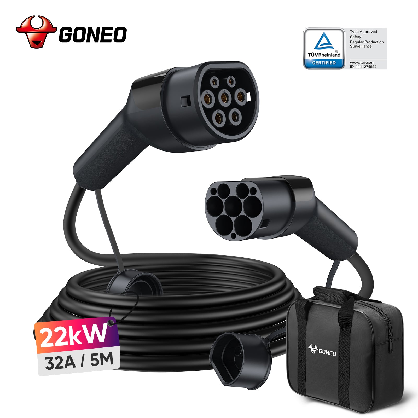 GONEO Câble de charge pour VE Type 2 22 kW 32 A 5 m Triphasé Certifié TÜV Soudage par ultrasons Connecteur plaqué argent IP54 Étanche PA66+TPU Ignifuge Avec sac de transport