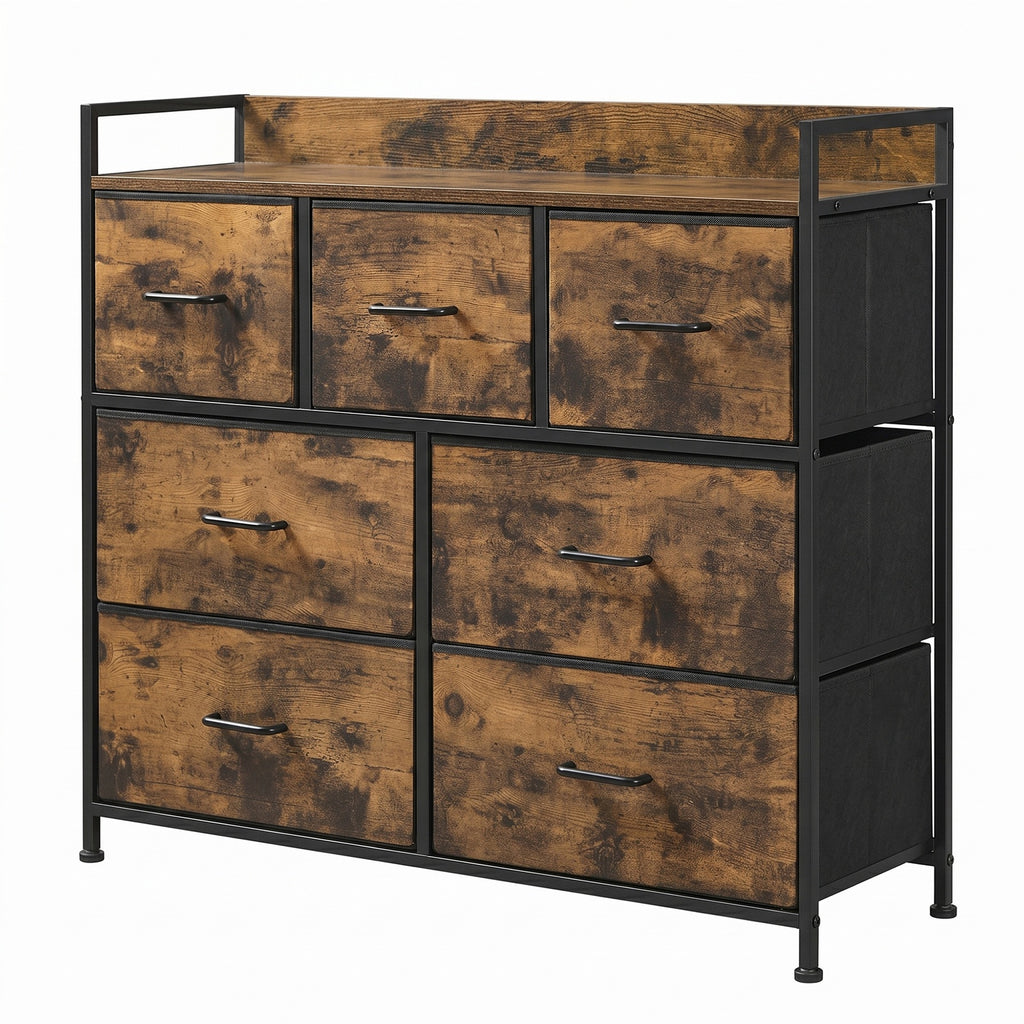 JOYFURNOS Commode à 7 tiroirs en tissu avec poignées –98x28.5x85cm Brun Rustique & Noir Encre, cadre métallique – grande armoire de chambre pour vêtements et linge de maison