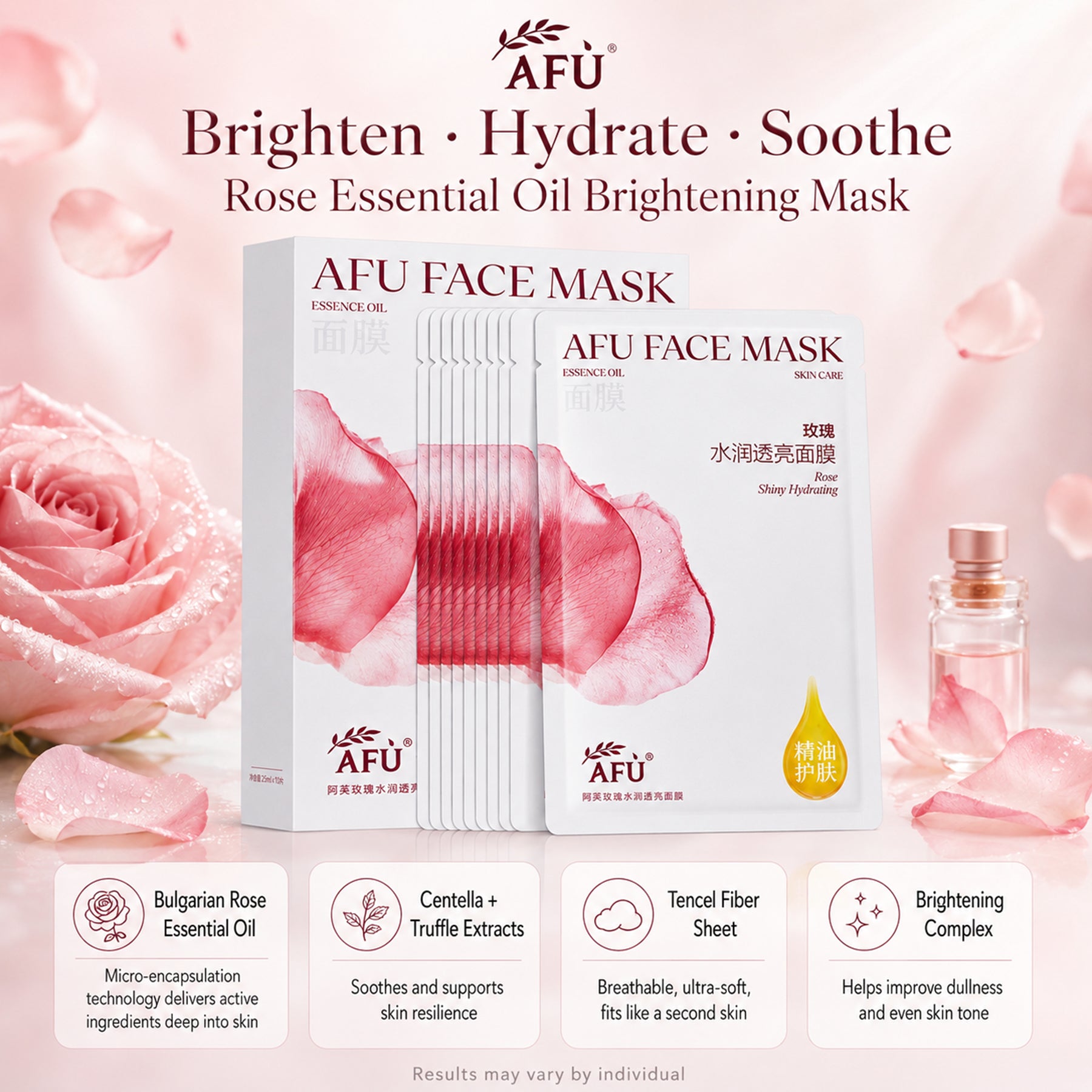AFU Coffret Cadeau Masque en Tissu à l'Huile Essentielle Hydratant à la Rose