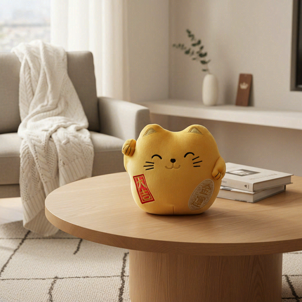 WT&T Peluche Kawaii Maneki Neko Doré Chat Porte-Bonheur 40 cm