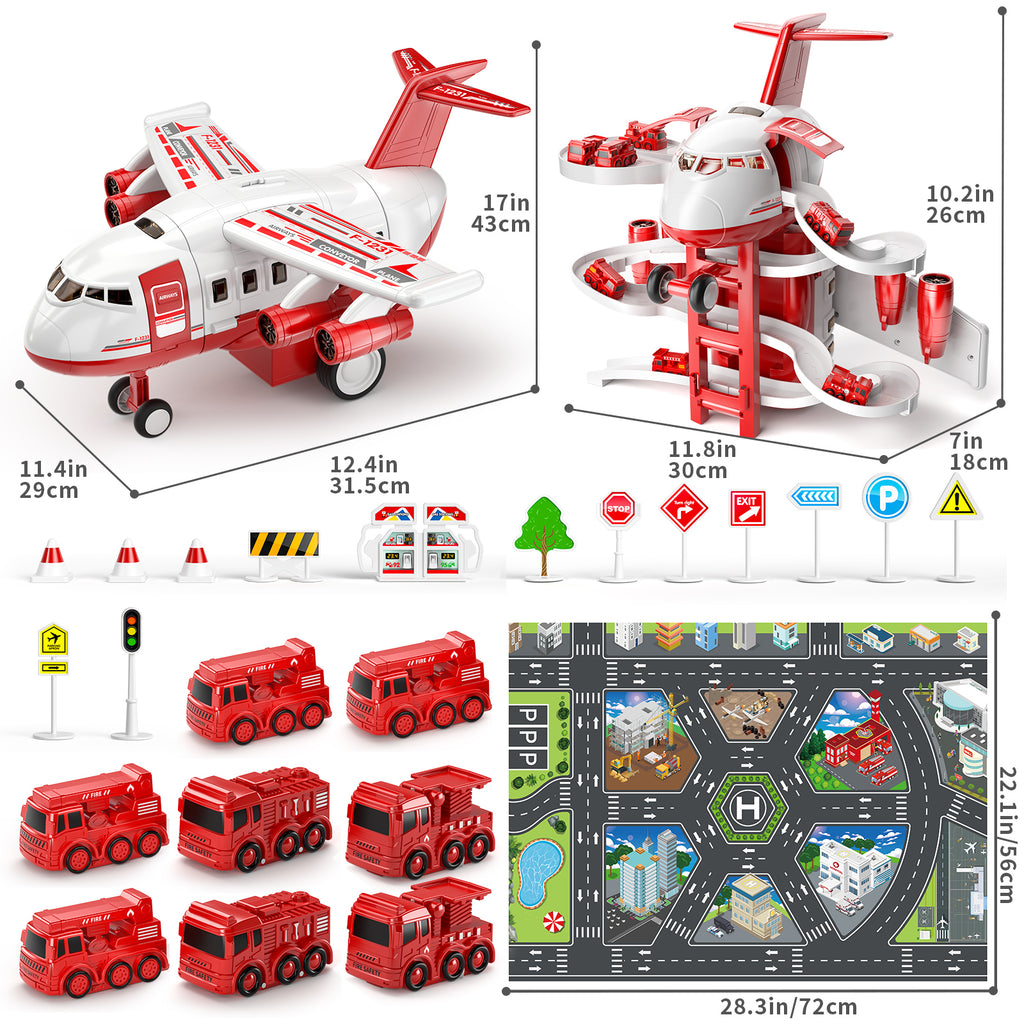 Jouet avion avec voitures de pompiers et tapis de jeu, avion avec lumières et sons pour garçons et filles