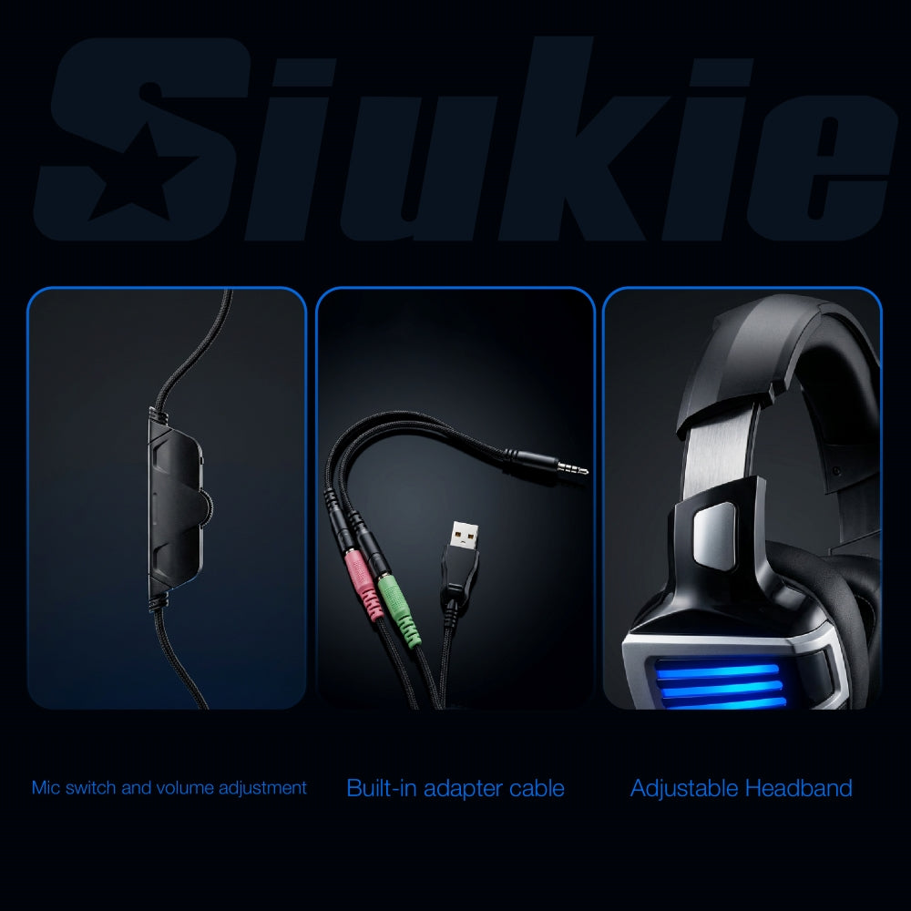 Siukie Casque gaming L200 Filaire USB + Jack 3,5 mm Lumière bleue