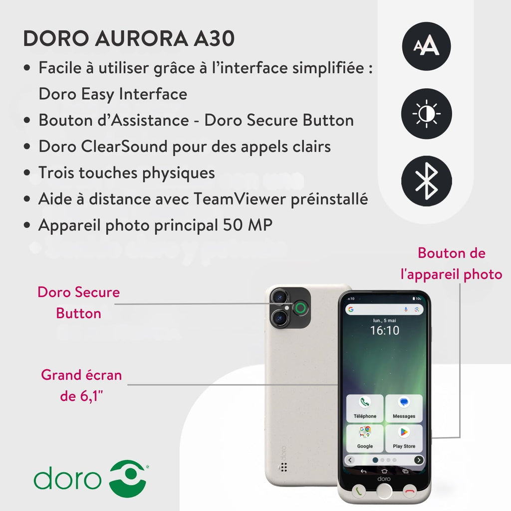 Doro Aurora A30 Smartphone pour Seniors, Téléphone Portable Senior
