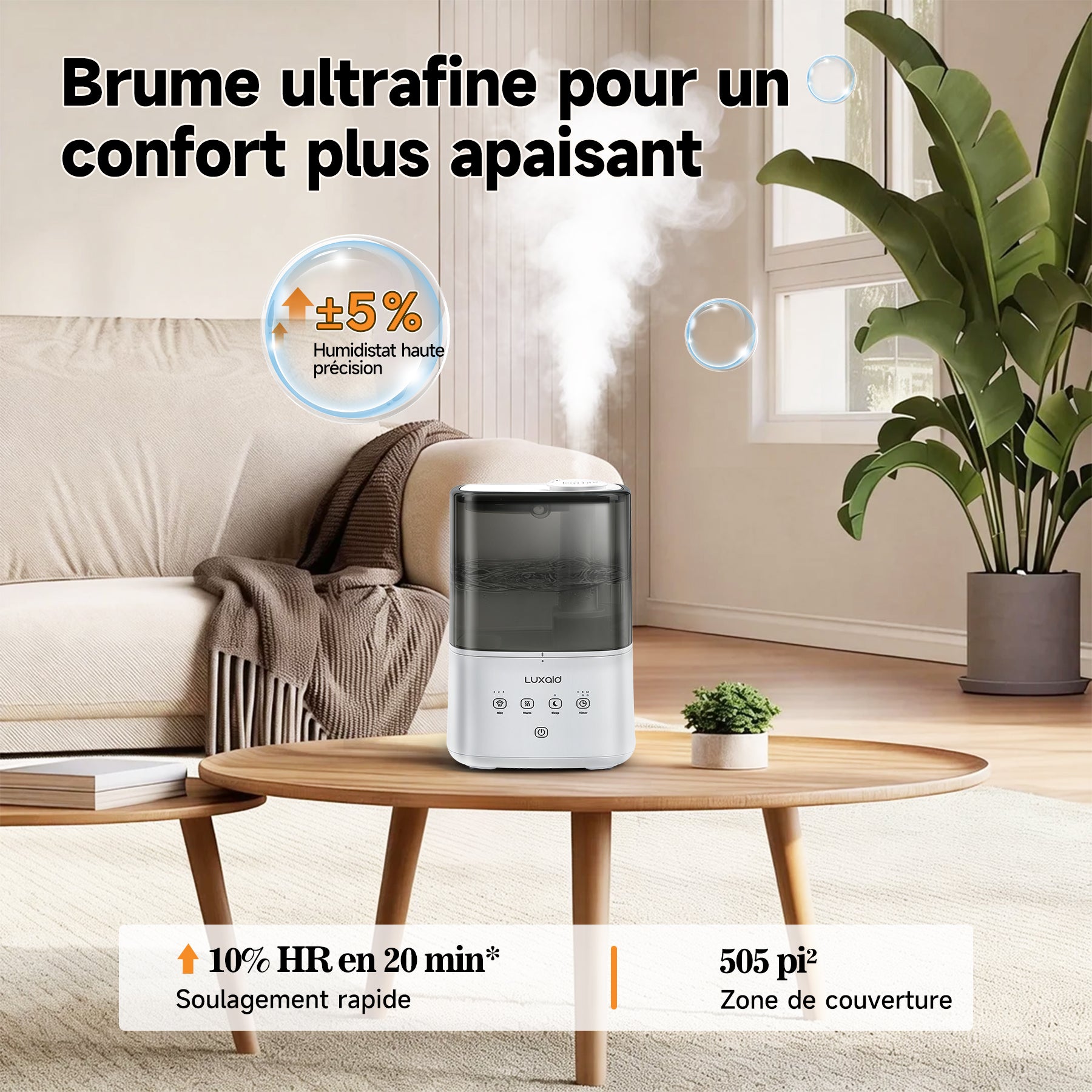 Luxaid Humidificateur Brume Froide/Chaude 4,5L, Jusqu'à 47m², Remplissage Par Le Haut, Commande Tactile, Minuterie 4/8/12h, Mode Silencieux 20dB, Buse 360°, Fonction Aromathérapie pour Chambre
